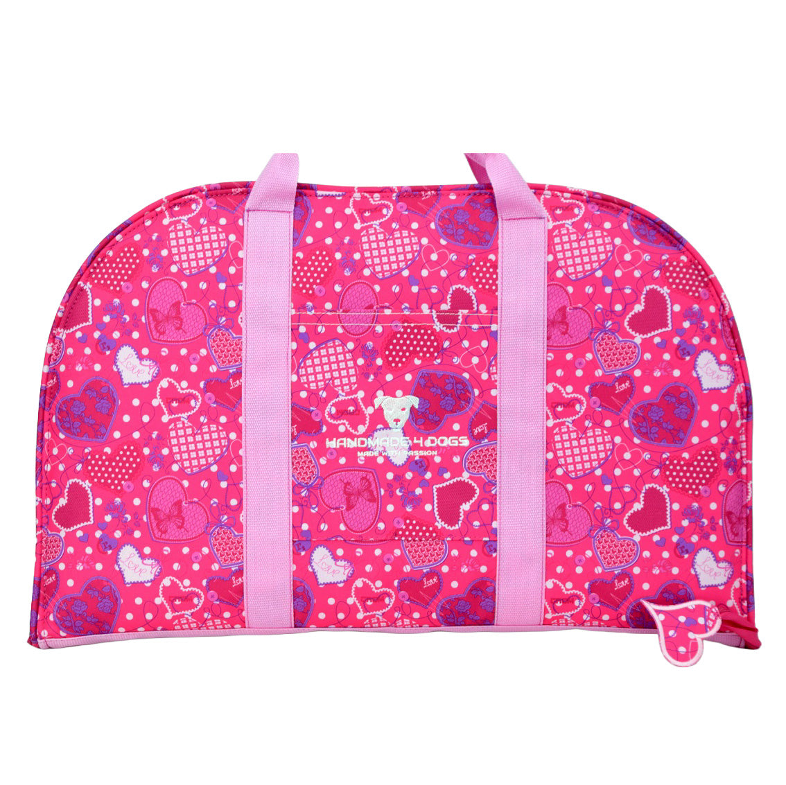 Handgefertigtes Dog Bed To Go Pink Herzdesign mit Herzmuster und pinken Trageriemen