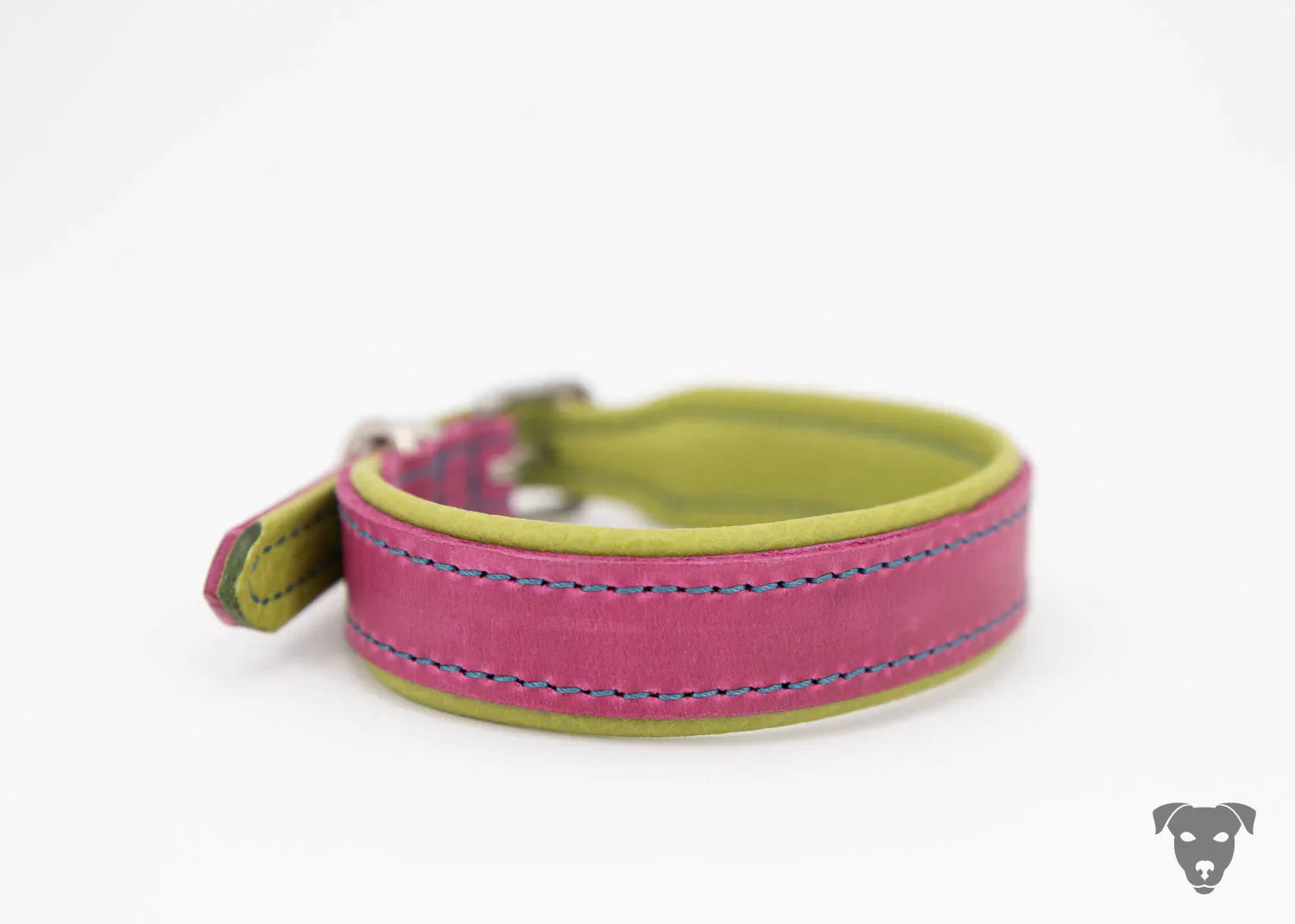 Robustes und weiches Fettleder-Halsband für Hunde, zweifarbig pink-grün, mit hochwertiger silberner Schnalle.