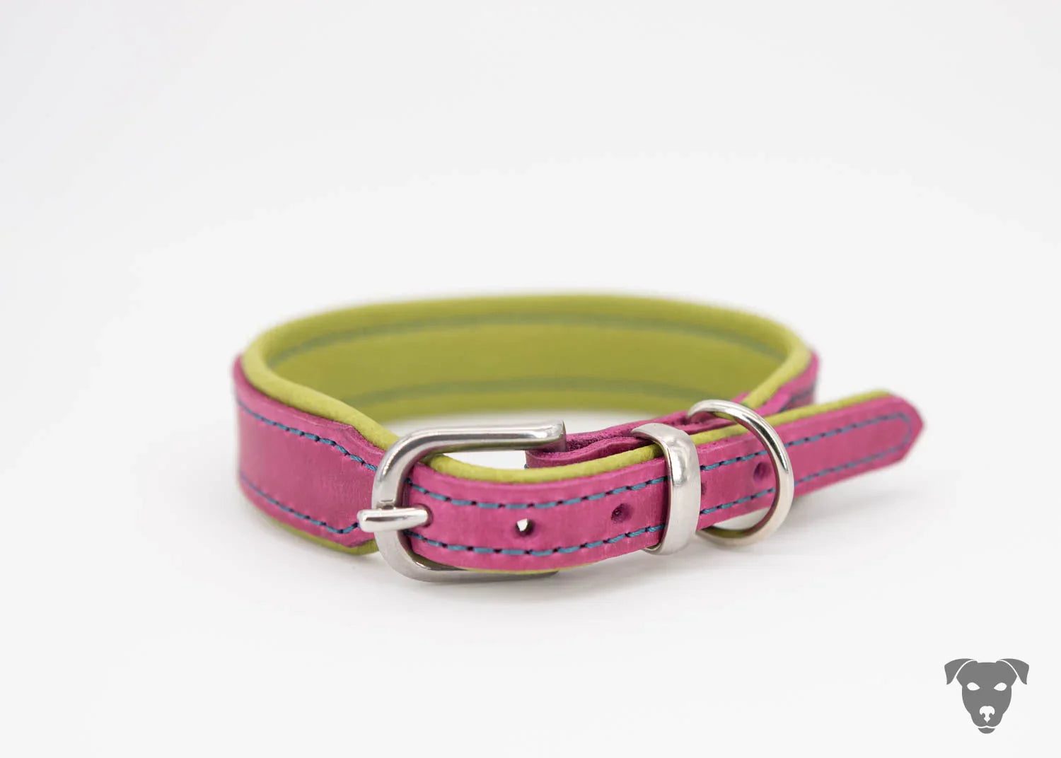 Robustes und weiches Fettleder-Halsband für Hunde, zweifarbig pink-grün, mit hochwertiger silberner Schnalle.