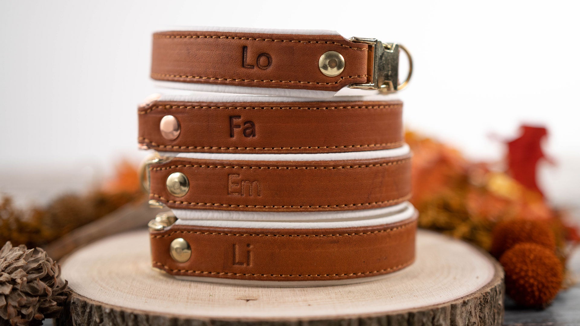 whiskey farbene fettlederhalsbänder augetürmt auf einem stück Holz in einer herbstlichen umgebung