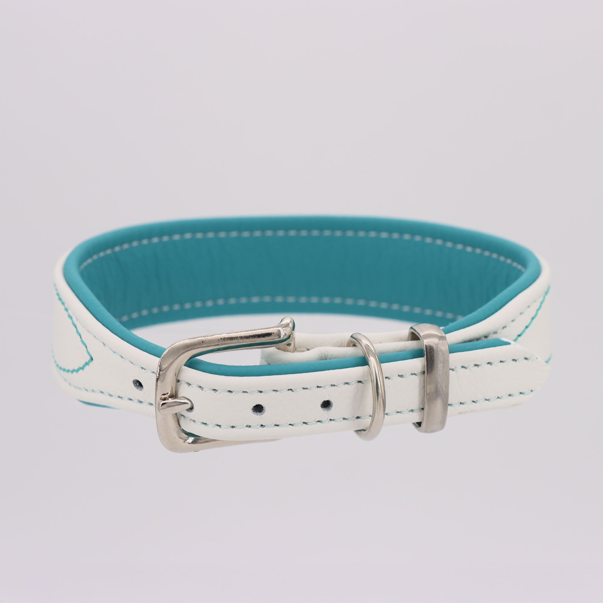 weisses hundehalsband innen mit türkisem leder und edelstahl Schnalle