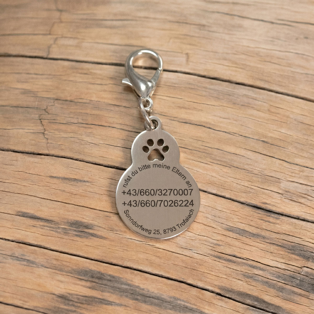 Edelstahl Hundemarke in Kübisform "Kalebasse" mit den Informationen zum Hunde (Halter Telefonnummer, Adresse, etc) tiefengraviert
