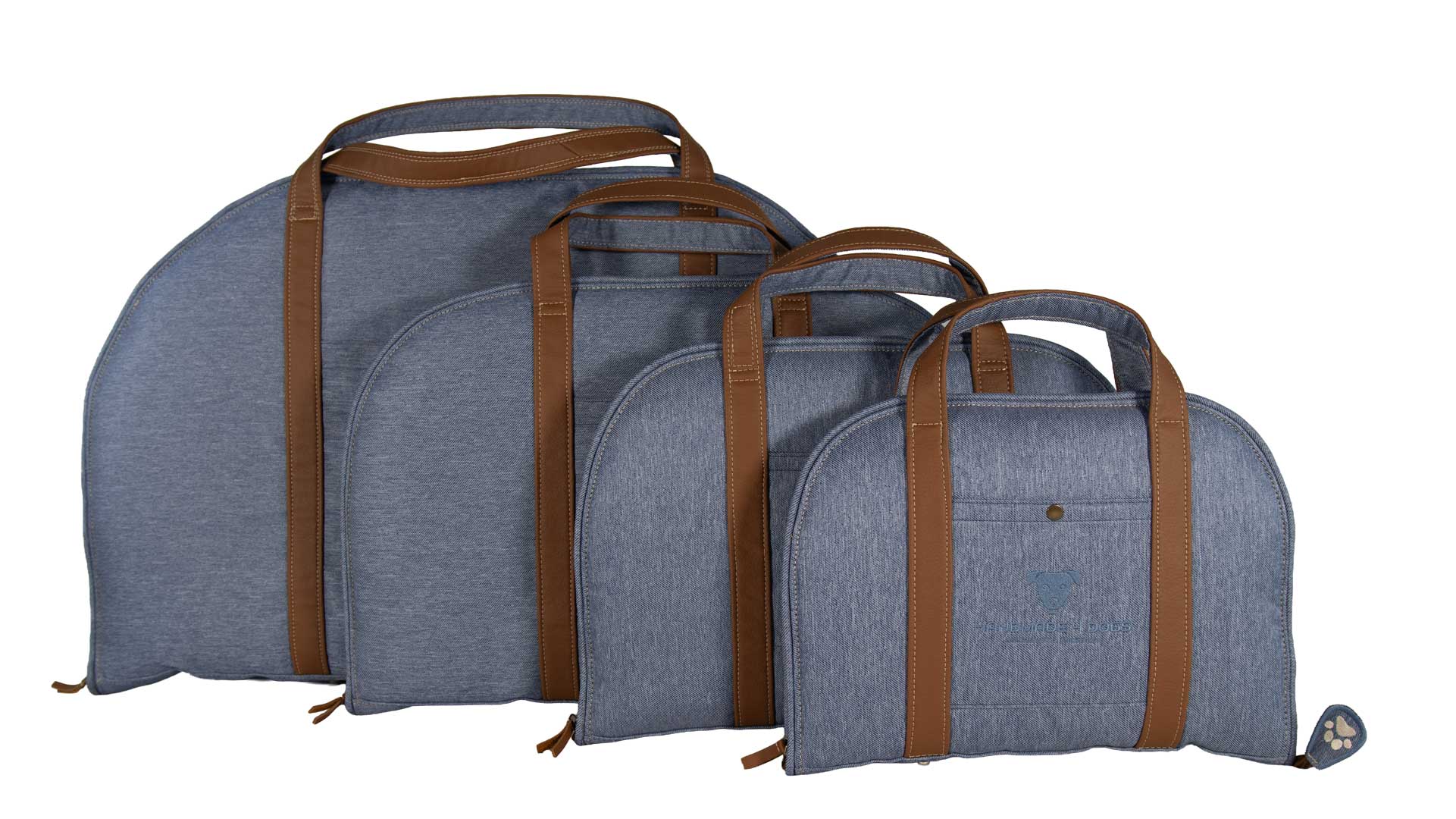 eine Gegenüberstellung der Größen dieses Hundereisebett aus Denim-Oxford von XS bis L