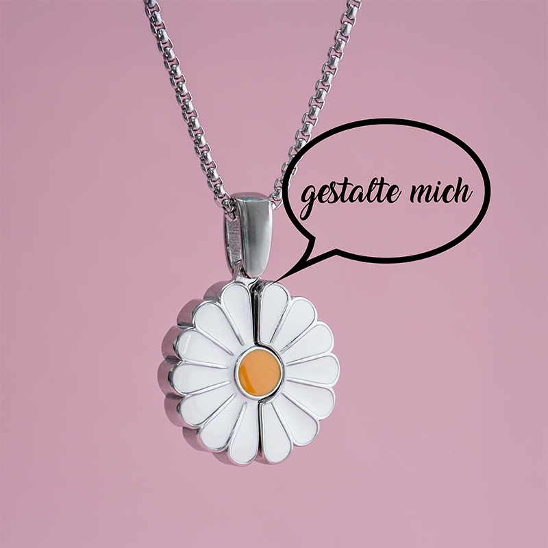 geschlossenes Margeriten Medaillon in silber mit Sprechblase "gestalte mcih" rechts