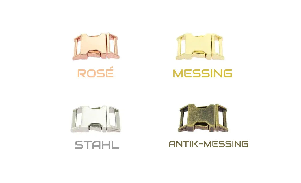 auswahl der steckverschlüsse in rose gold, messing, stahl und antik-messing