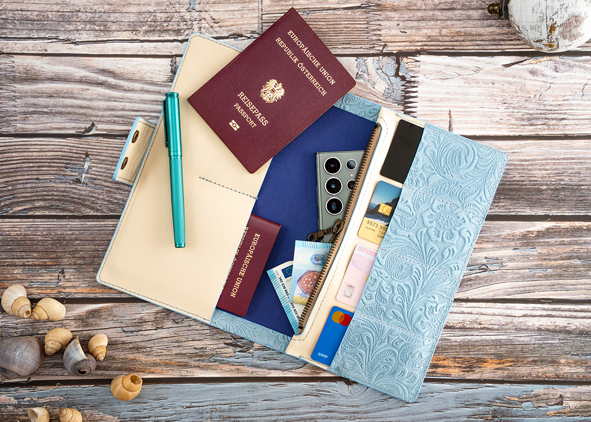 Travel Wallet geprägtes Leder mit Blumenmuster