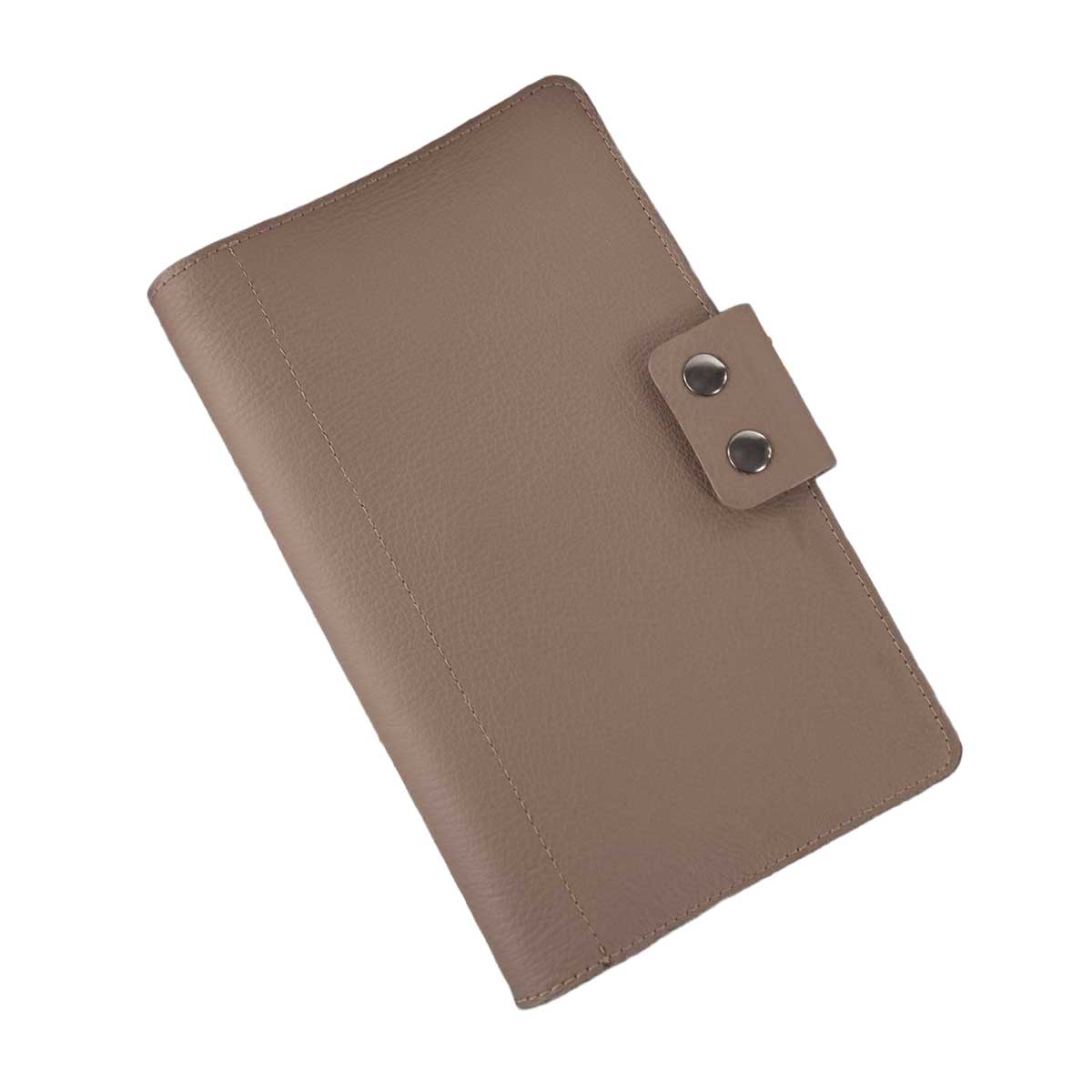 Elegantes handgefertigtes Reiseetui in Taupe aus italienischem Taschenleder, geschlossen mit zwei Druckknöpfen.