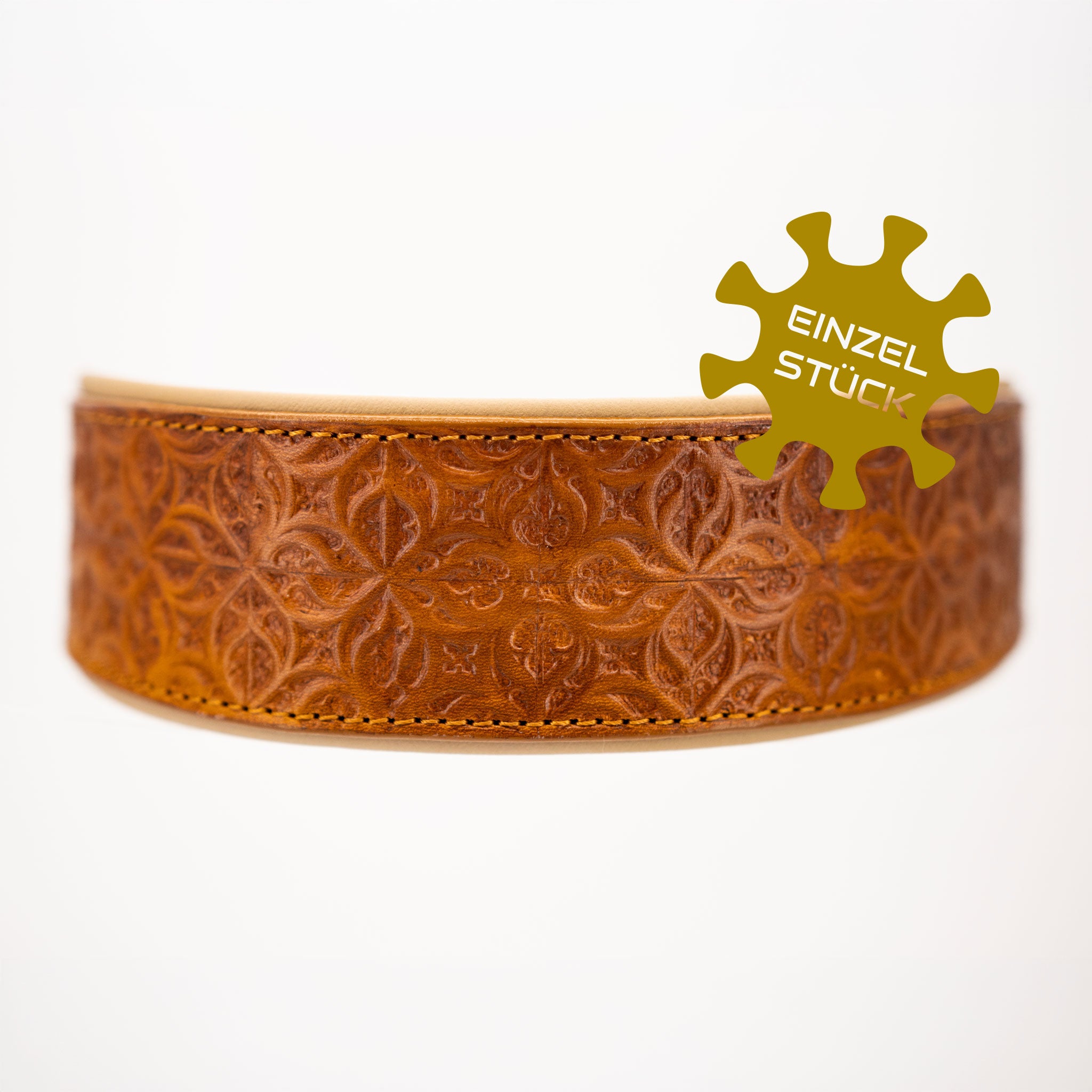 Handgefertigtes Einzelstück: Punziertes Lederhalsband mit "Einzelstück" Siegel