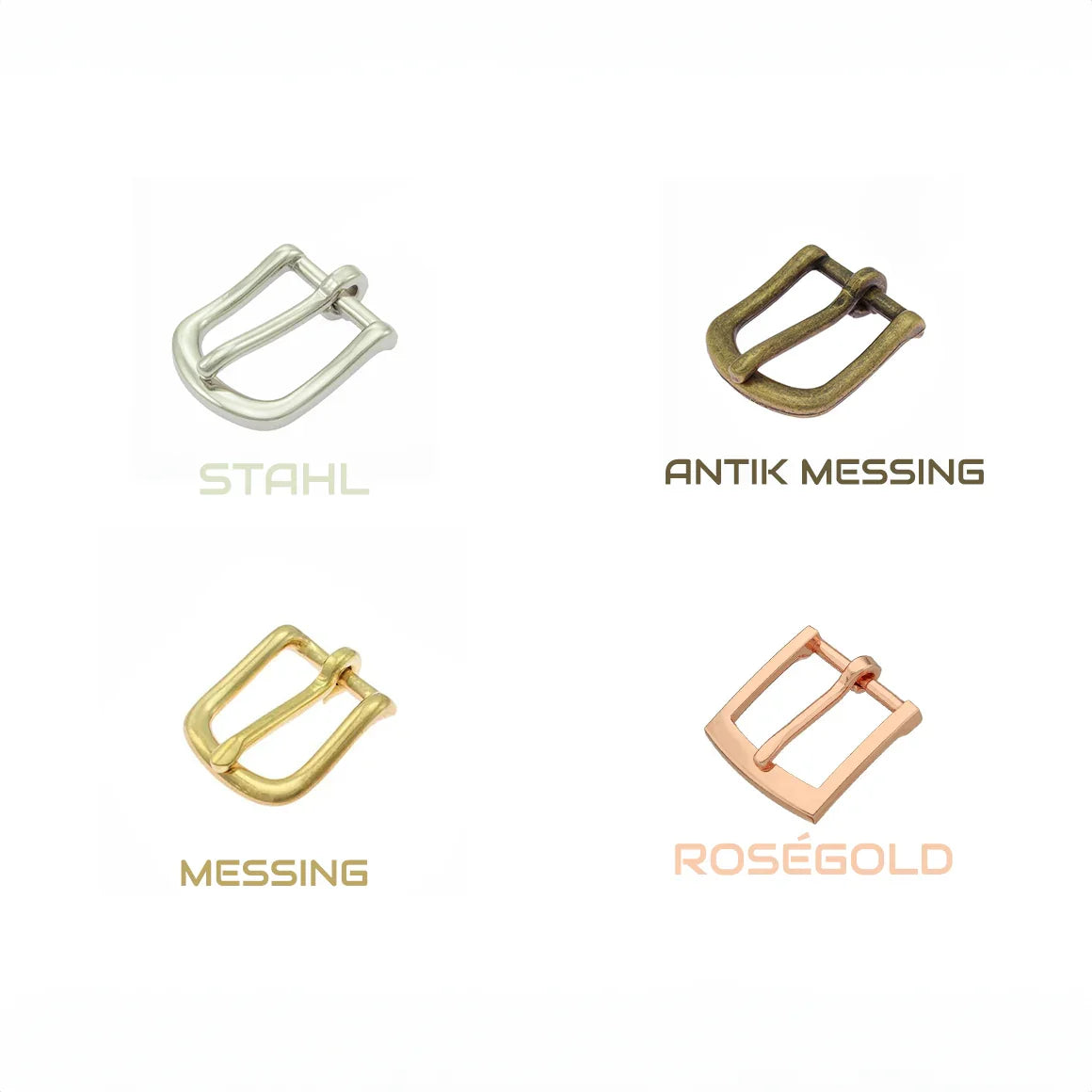 auswahl der Dornschließen in stahl, antik-messing, messing und rose gold