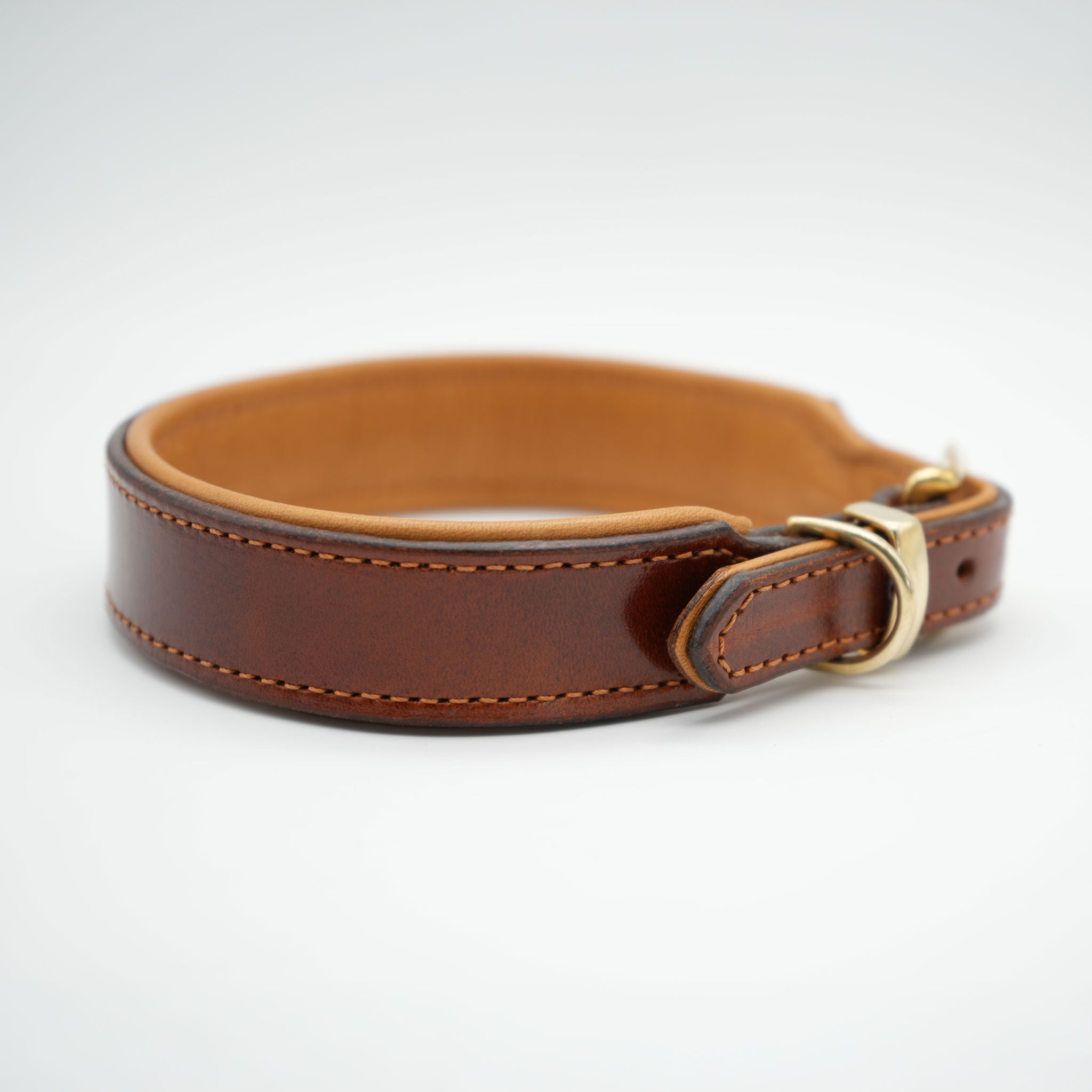 Detailansicht der Messing-Dornschließe und der hochwertigen Verarbeitung des Lederhalsbands