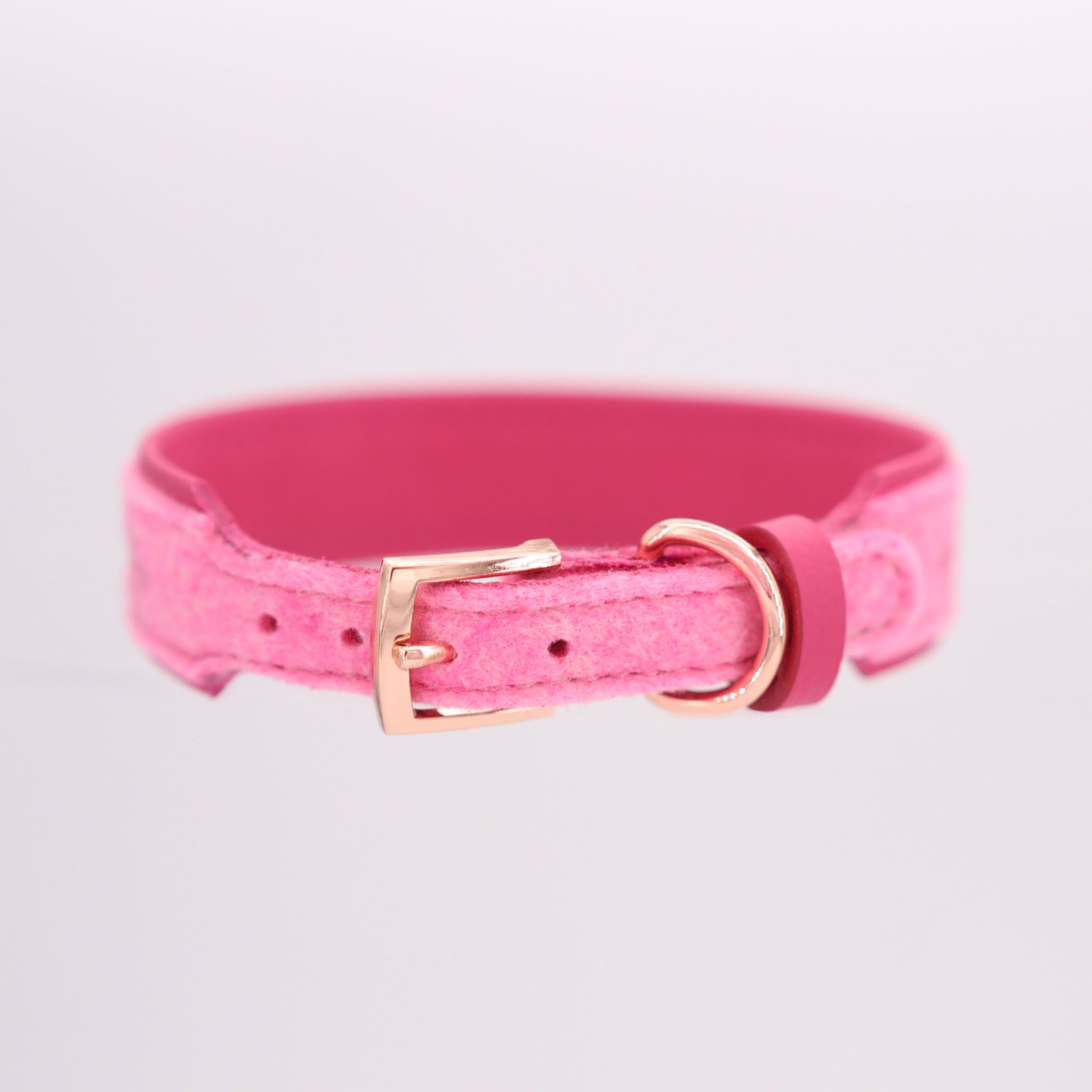 Hochwertiger Schnallenverschluss in Roségold am pinken Lederhalsband