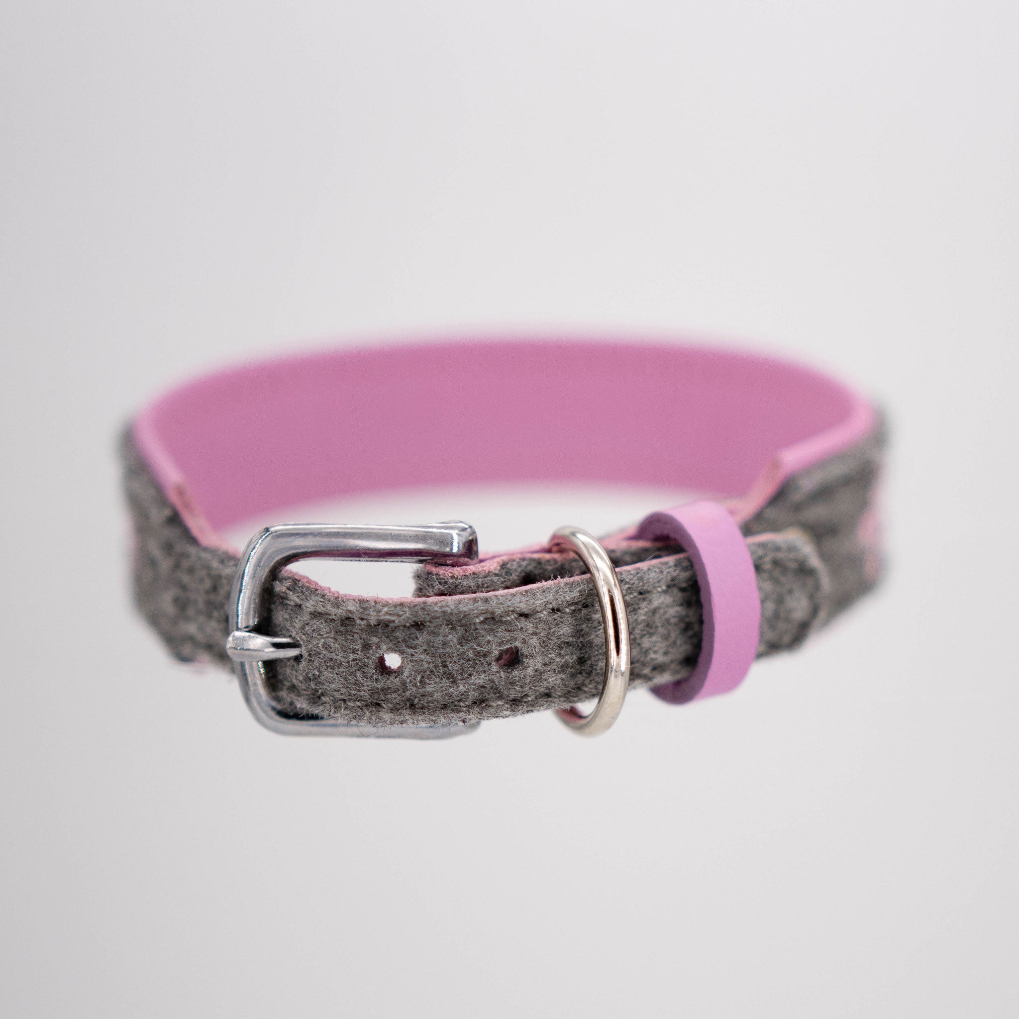 Hochwertiger Stahlschnallen-Verschluss am grauen Filzhalsband mit Lederinnenseite