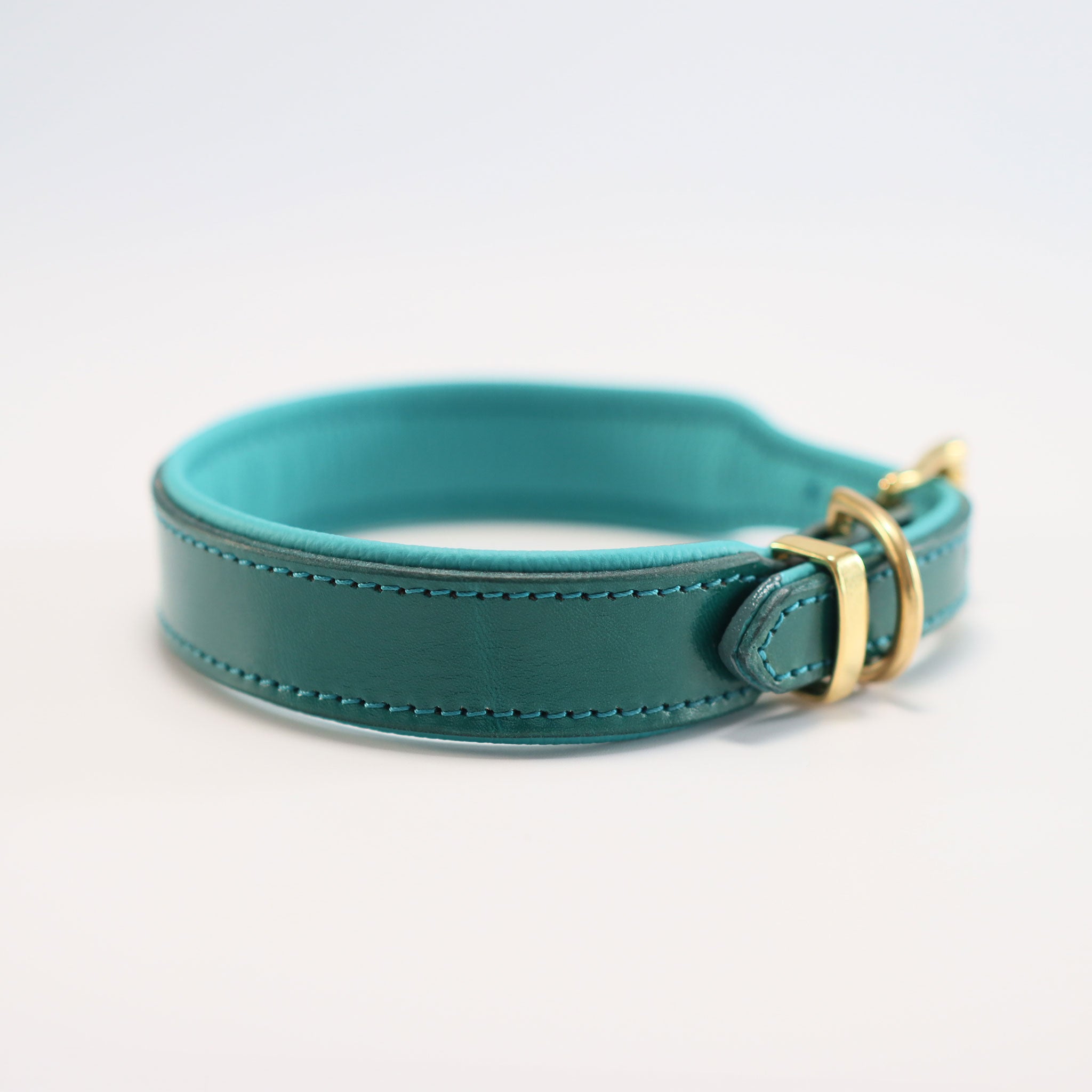 Seitenansicht des türkisen Riemenhalsbands mit türkiser Naht und Messing-Beschlägen
