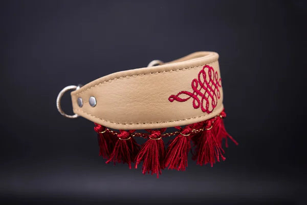 Hunde Halsband handgefertigt, besticktes Leder Halsband mit Quasten, handmade-4-dogs