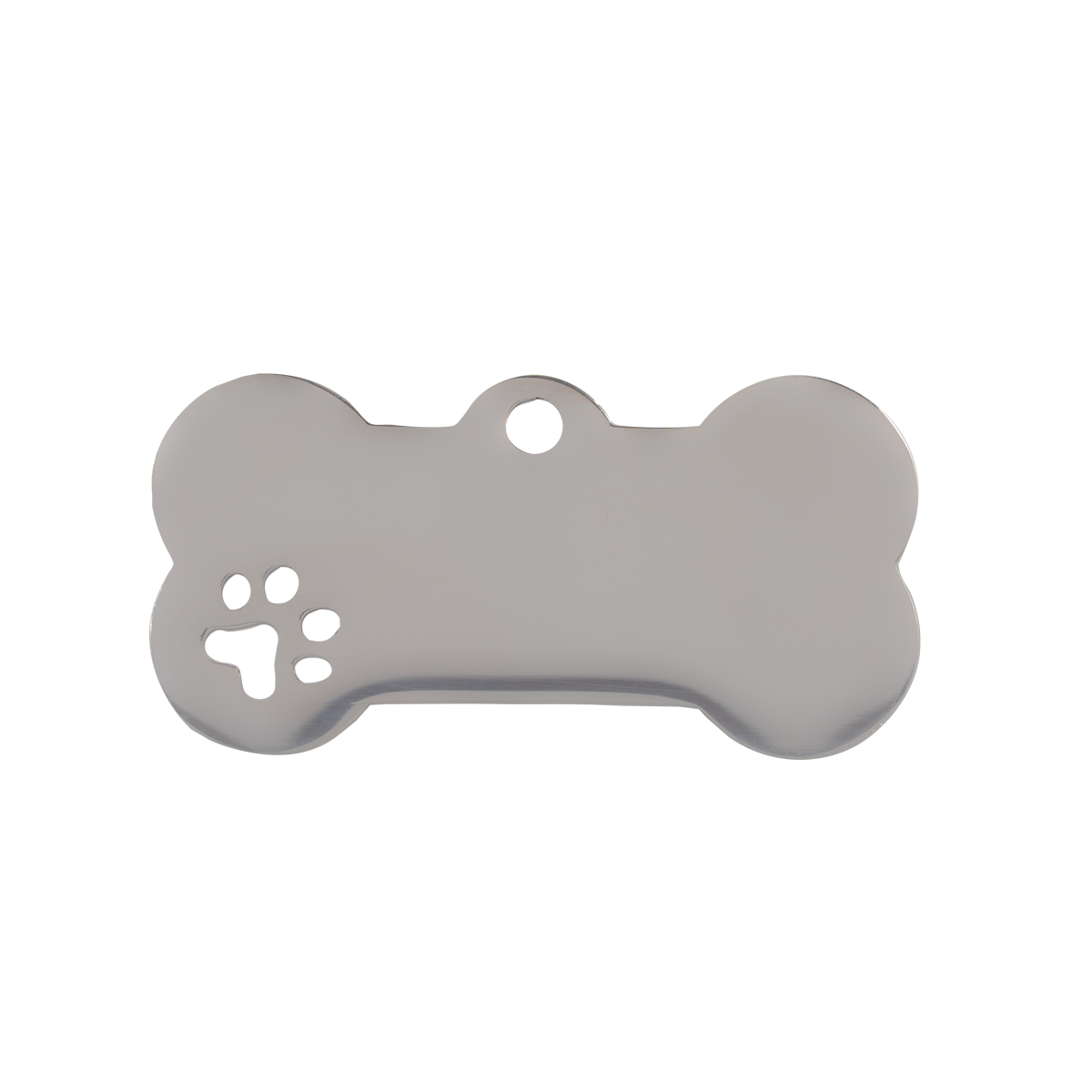 Silberfarbene Edelstahl-Hundemarke in Knochenform als Rohling mit Pfötchen-Cut-out.