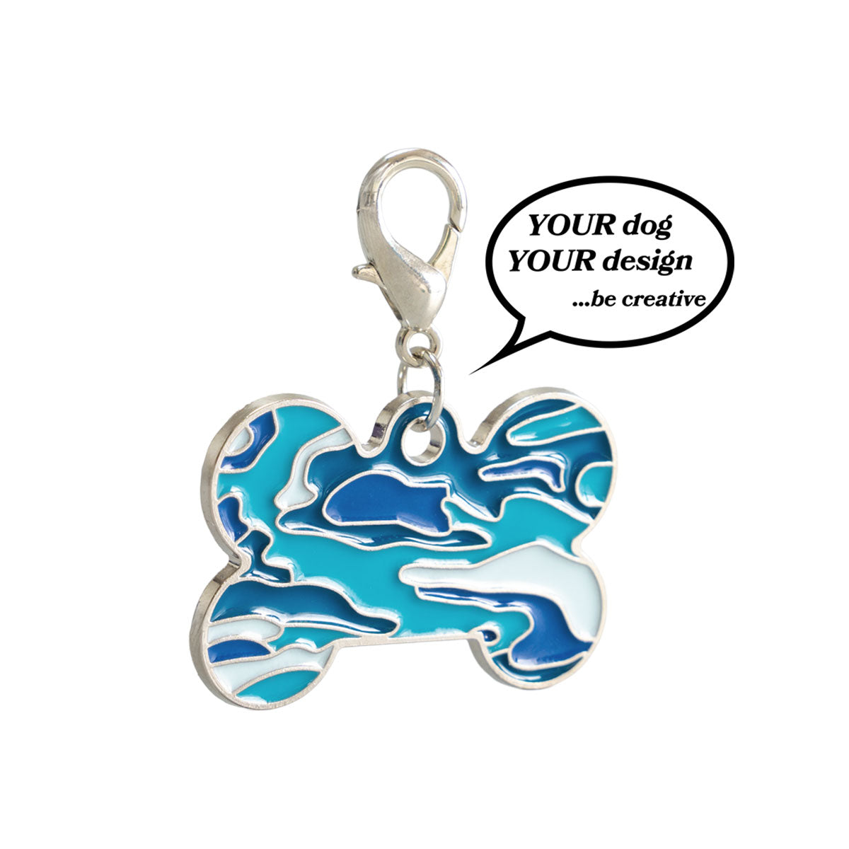 blaue Camouflage Hundemarke mit Sprechblase "Your Dog - YOur Design" als hinweis für den Produktkonfigurator in Echtzeit