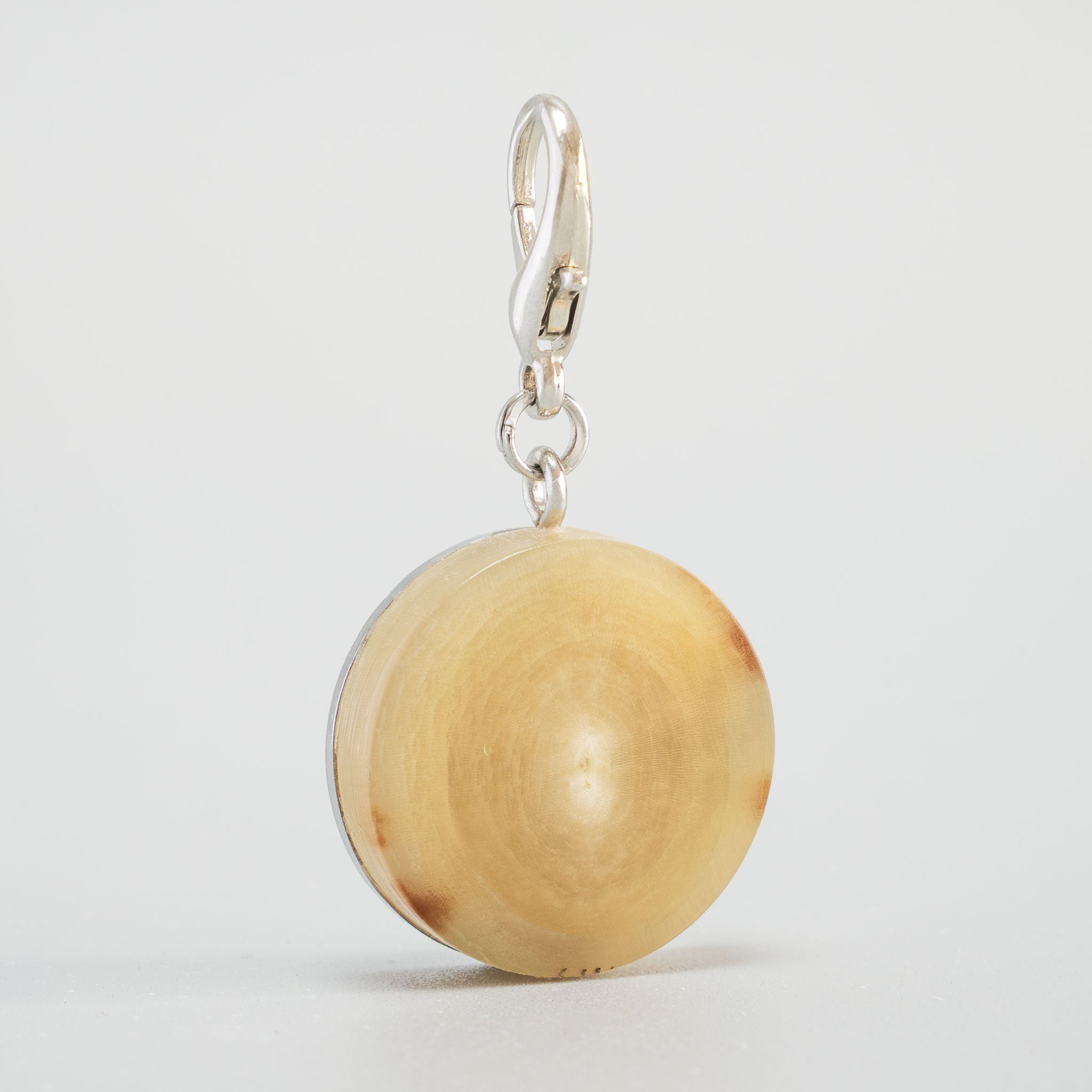 Detailansicht einer handgefertigten Hundemarke aus echtem weissen Büffelhorn mit Fokus auf Materialstruktur