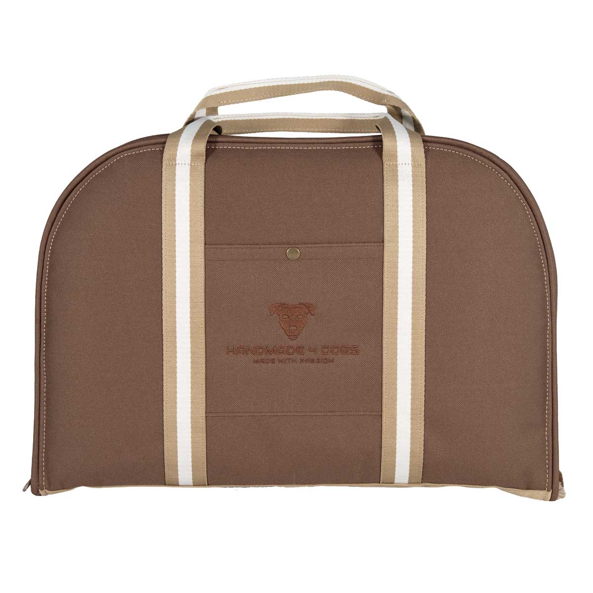 Geschlossenes Hundereisebett Dog Bed to Go Rosenholz in Braun mit gestreiften Tragegurten in Beige und Offwhite