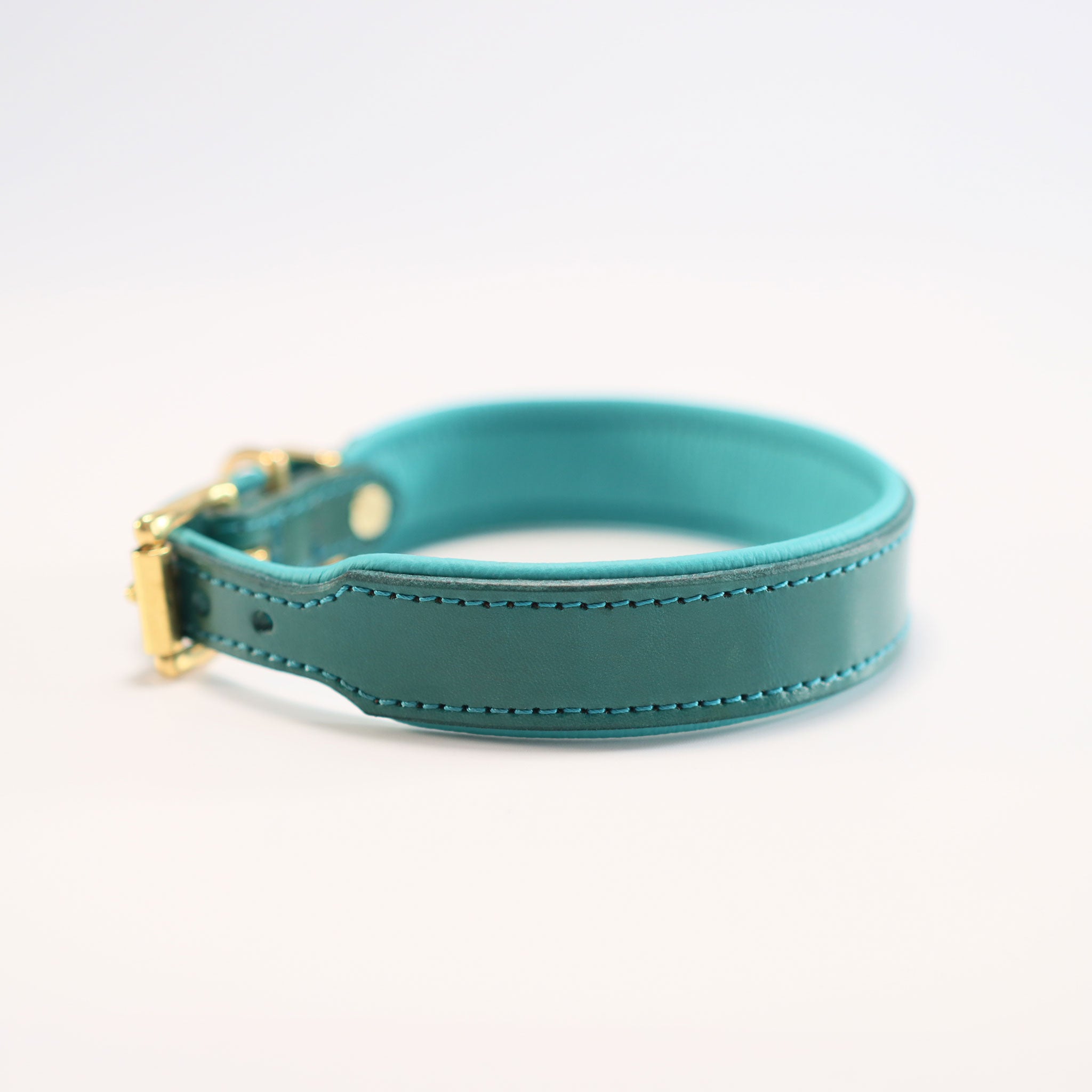 Türkises Lederhalsband mit hochwertigen Messing-Beschlägen in Gold