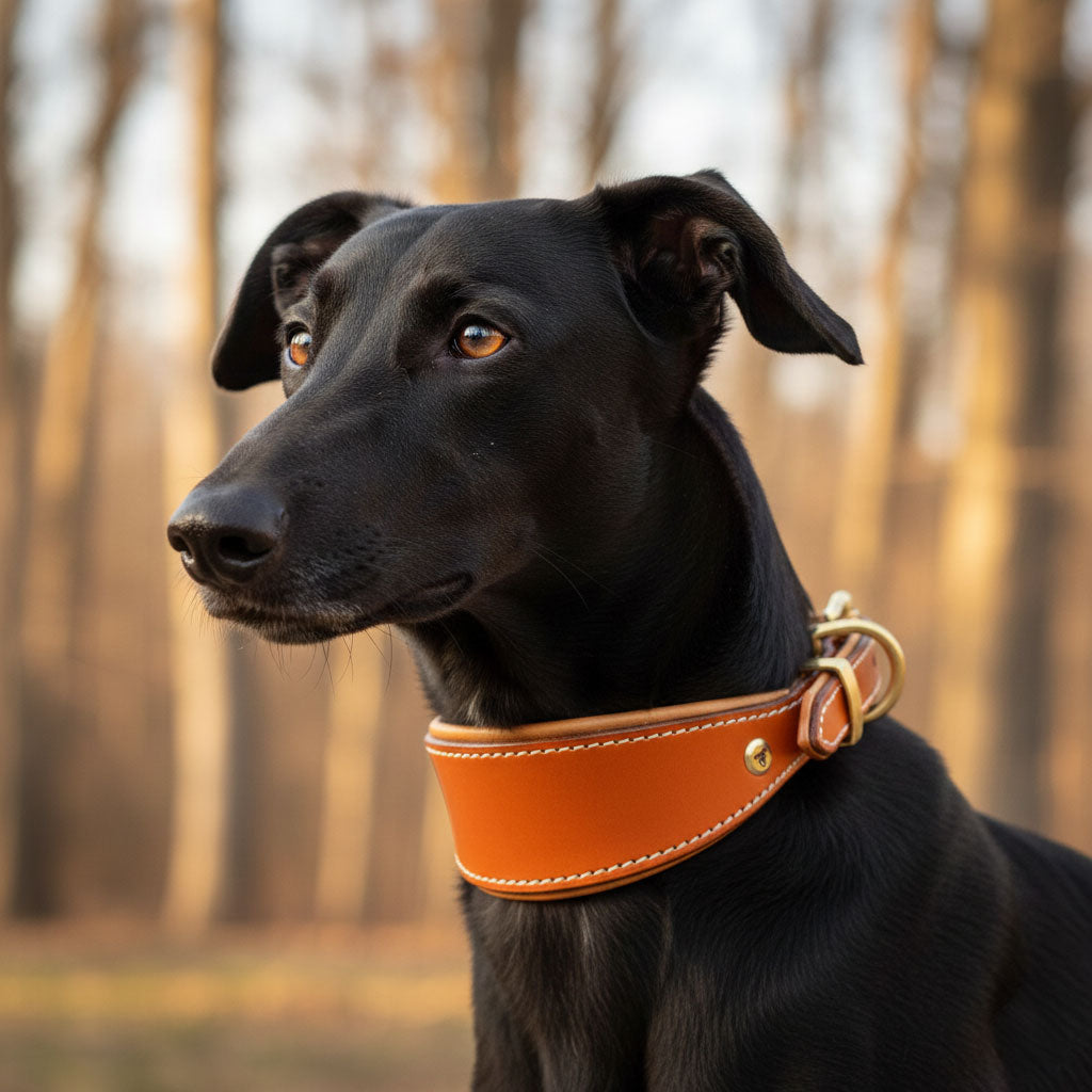 schwarzer Windhund trägt das geschwungene Lederhalsband im Hintergrund ein herbstlicher Wald