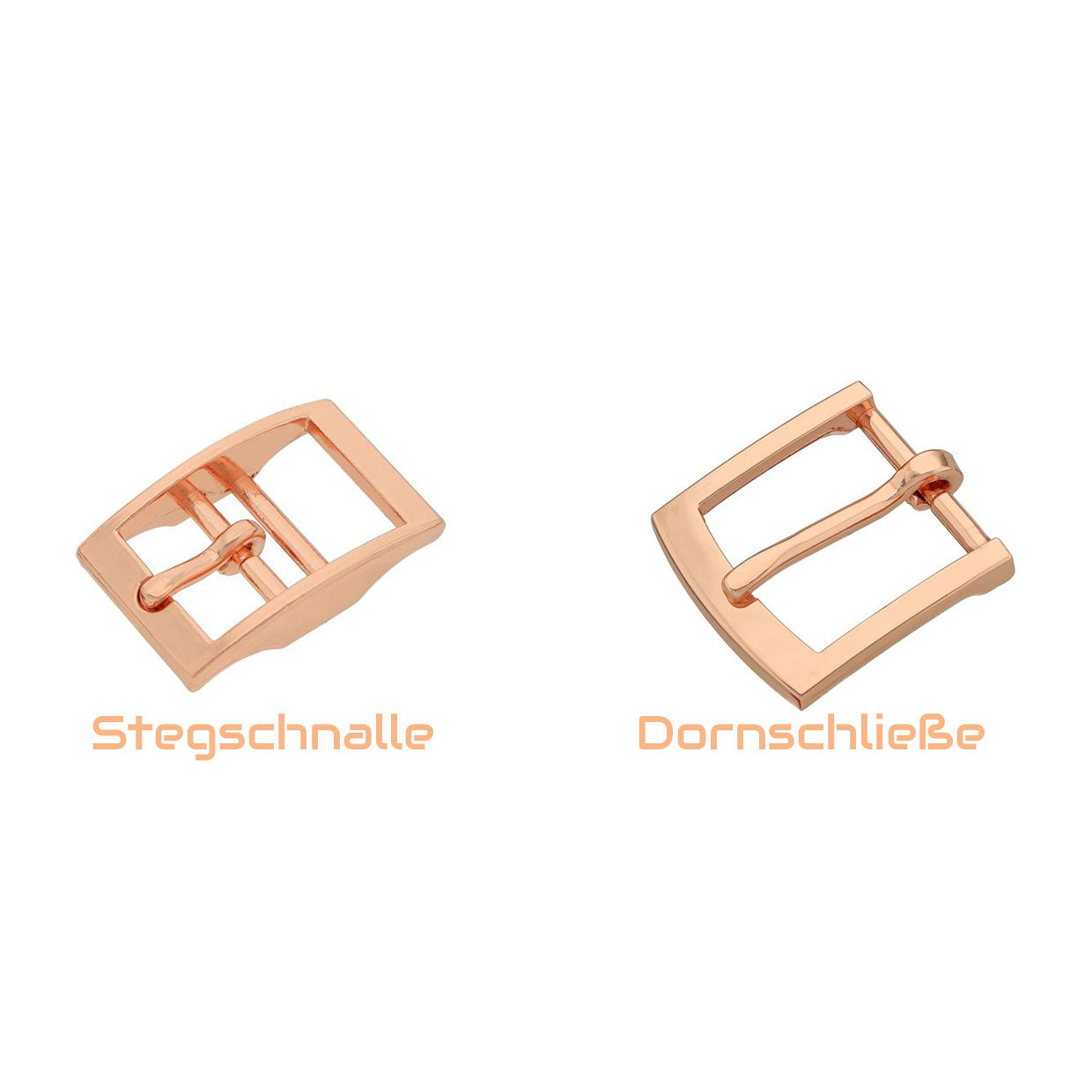 Vergleich zwischen Stegschnalle und Dornschließe in Roségold