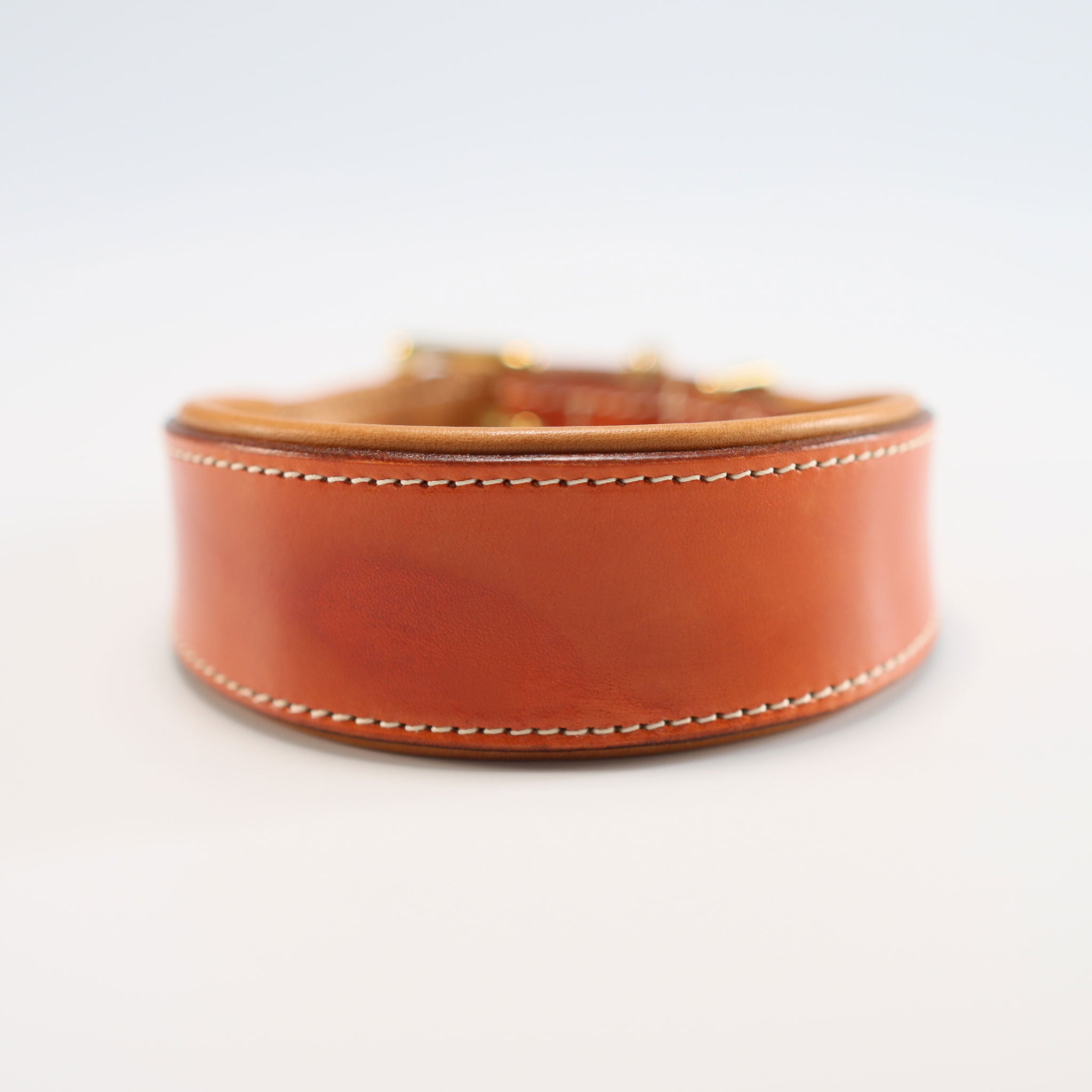 Vorderansicht des geschwungenen Windhundhalsbands in British Tan mit Offwhite-Naht