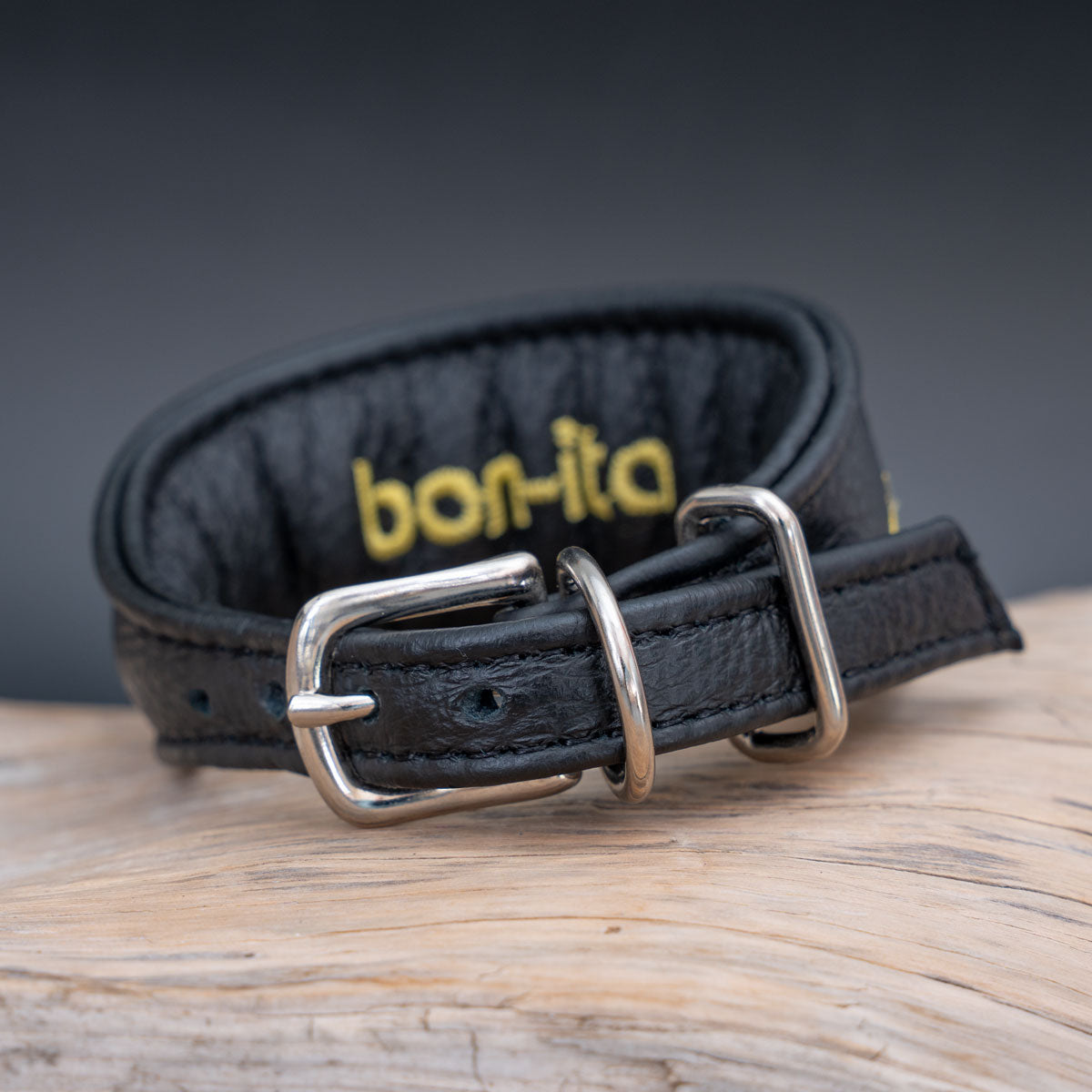 Innenansicht des gepolsterten Windspielhalsbands mit hochwertiger Stahlschnalle und weichem Lederfutter.