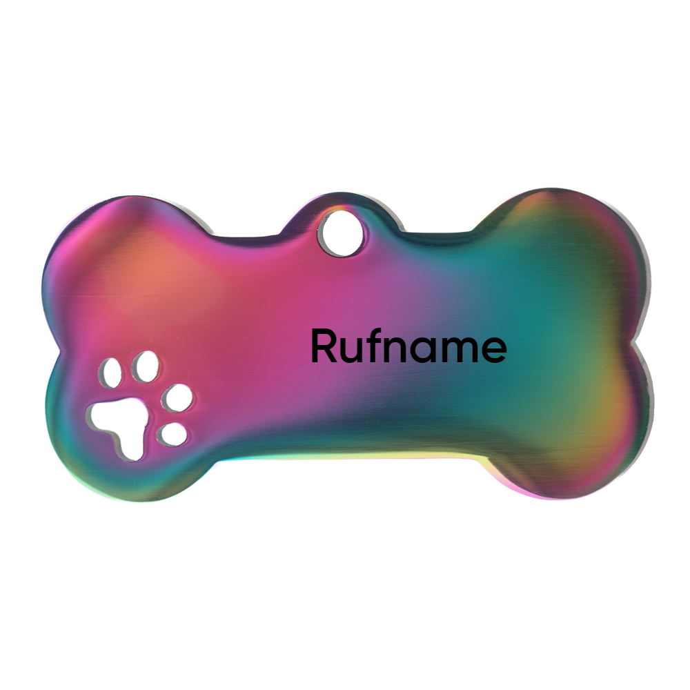 freigestellte Regenbogenfarbene Hundemarke mit Rufnamen