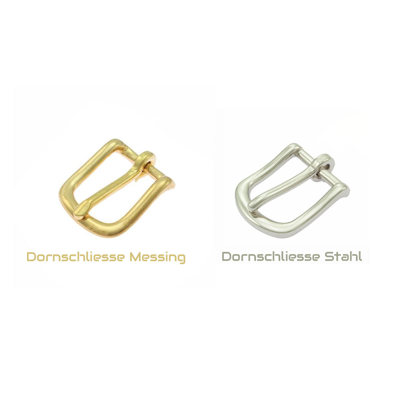 zwei dornschliessen gegenübergestellt in messing und edelstahl