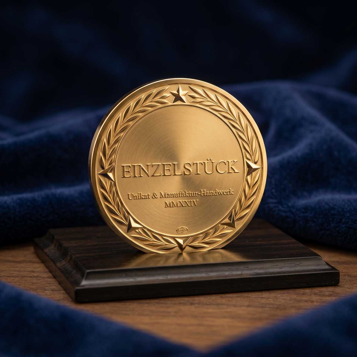 eine goldene Medaille mit dem Schriftzug Einzelstück darauf es gewährleistet dass dieser Artikel ein Einzelstück ist 