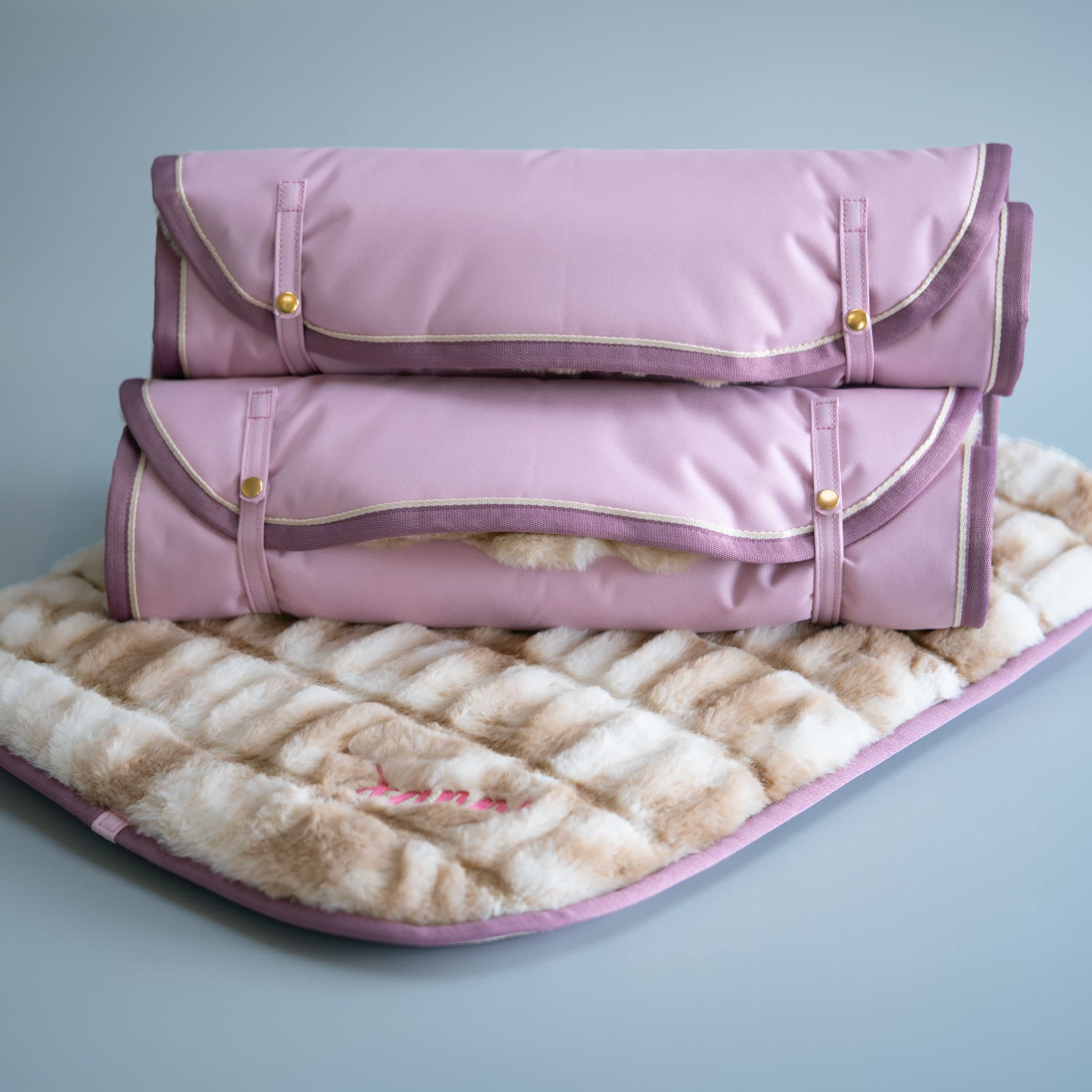 Gruppenfoto von mehreren Hundereisebetten in der Farbe puder