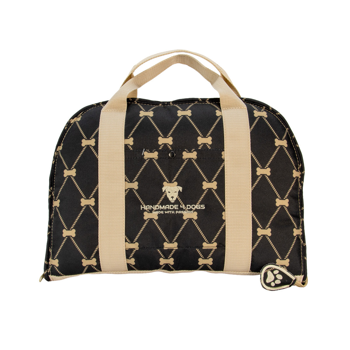 1. Hundereisebett Dog Vuitton in Taschenform mit cremefarbenen Trageriemen