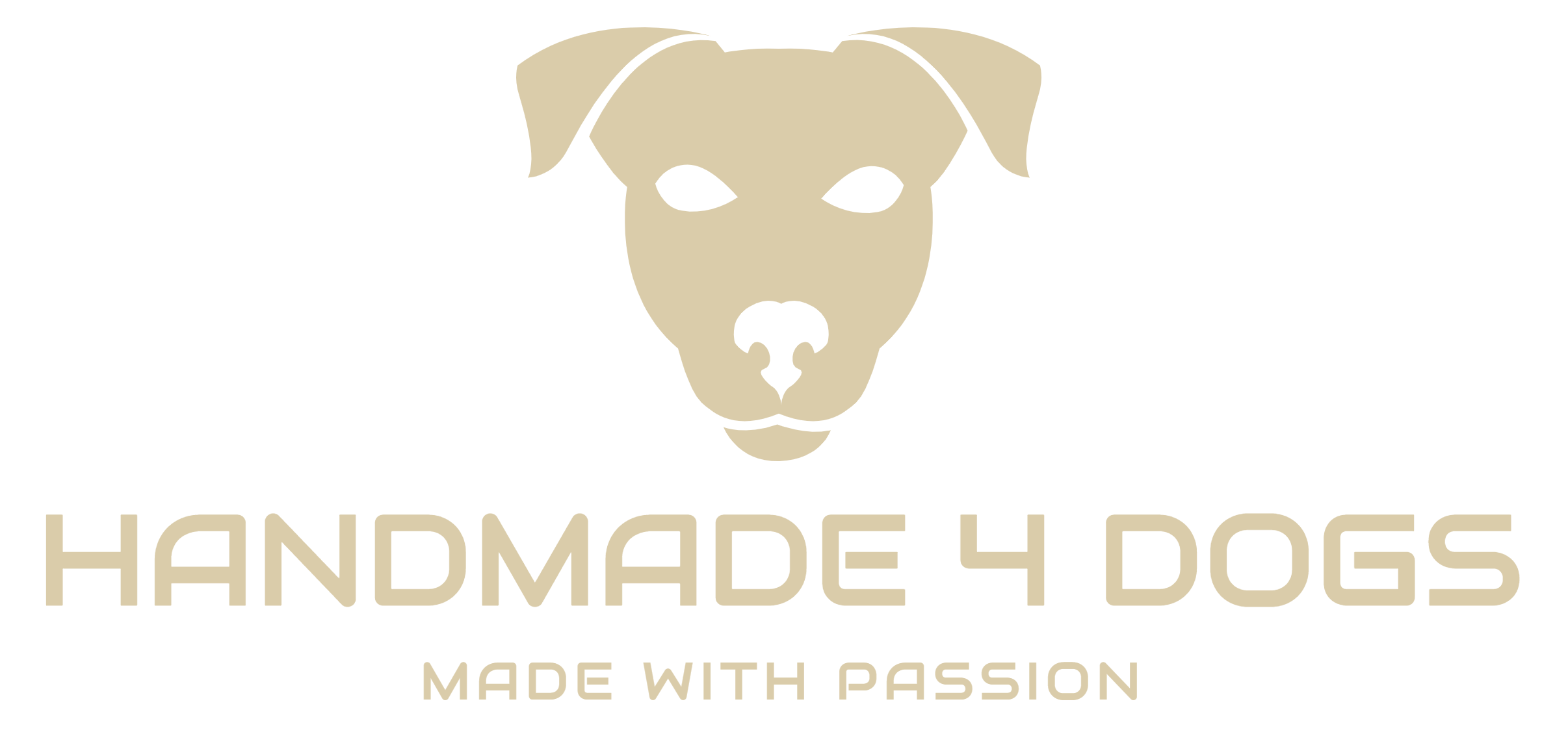 Terrierkopf in gold, darunter der Name der Firma "handmade4dogs" und der untertitel "made with passion"