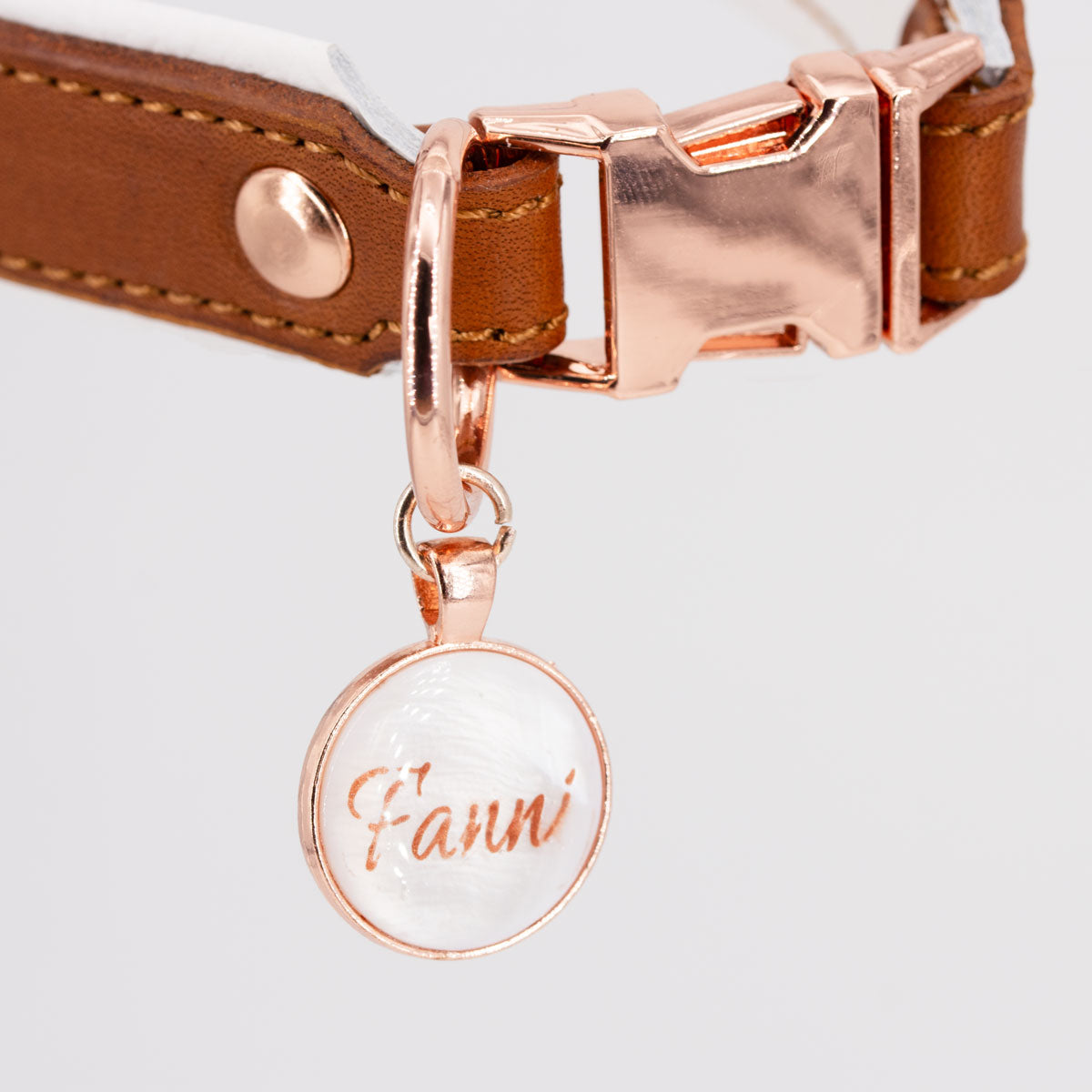 Personalisierte Hundemarke aus weißer Muschel in rose goldener Edelstahl-Lünette an einem cognacfarbenem Fettlederhalsband 