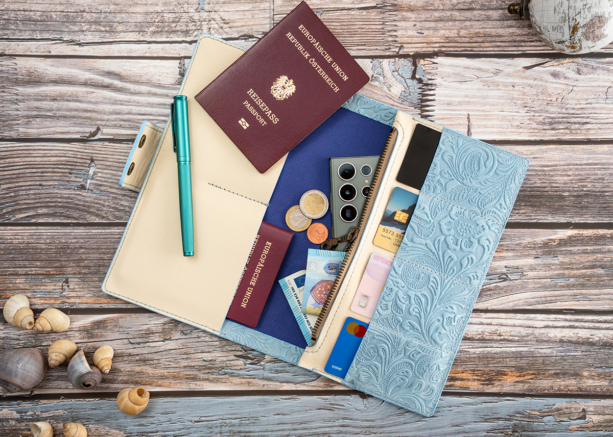 Travel Wallet geprägtes Leder mit Blumenmuster
