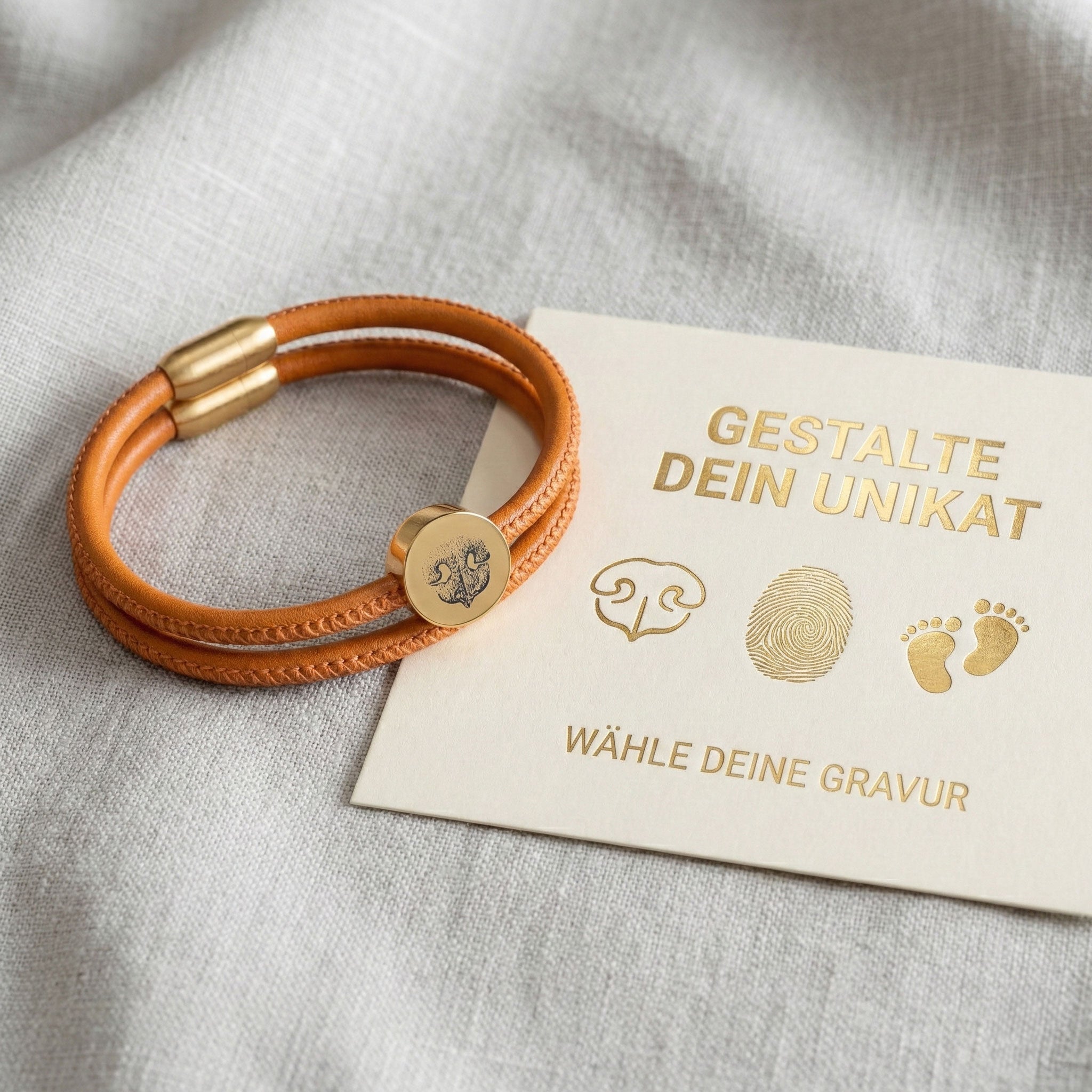 cognacfarbenes wickelarmband auf leinen mit goldenem charm mit Gravur von Hundenase daneben eine Karte mit geprägten goldbuchstaben 