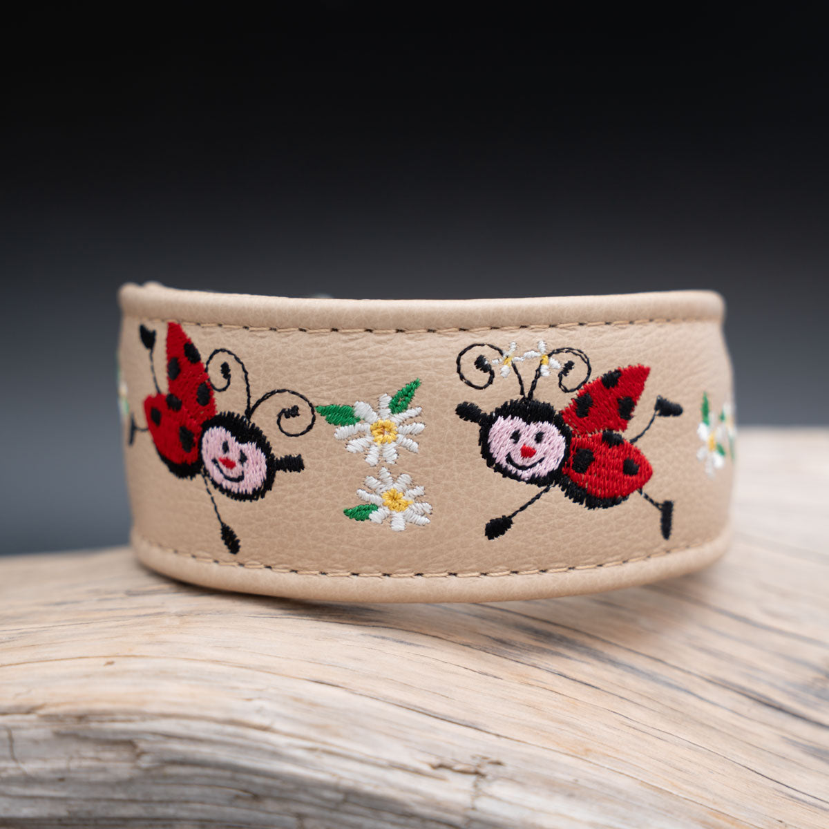Frontalansicht des 4,5 cm breiten Lederhalsbands für kleine bis mittlere Hunde