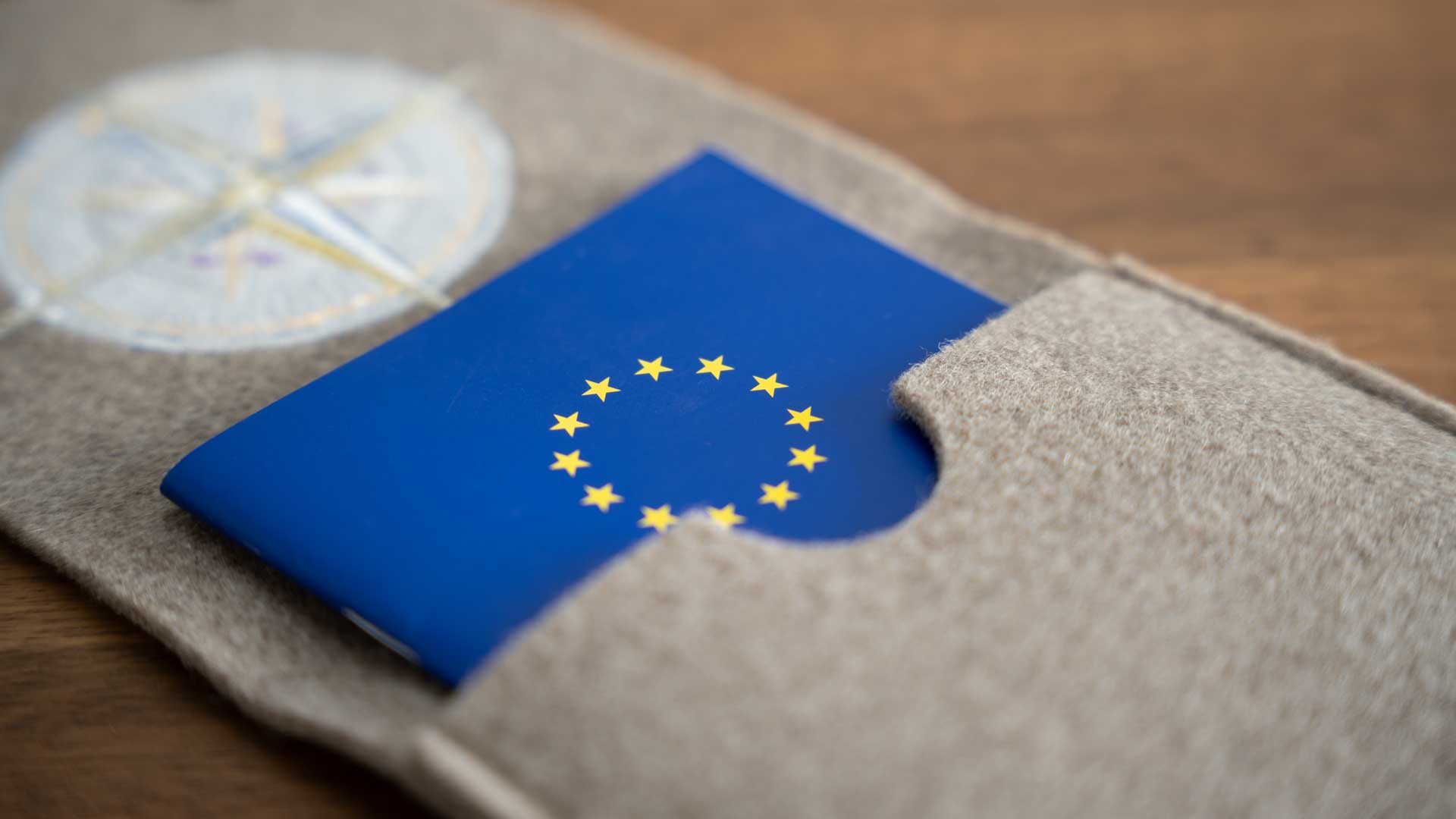 Einschub der beigefarbenen Wollfilzhülle für den EU-Heimtierausweis
