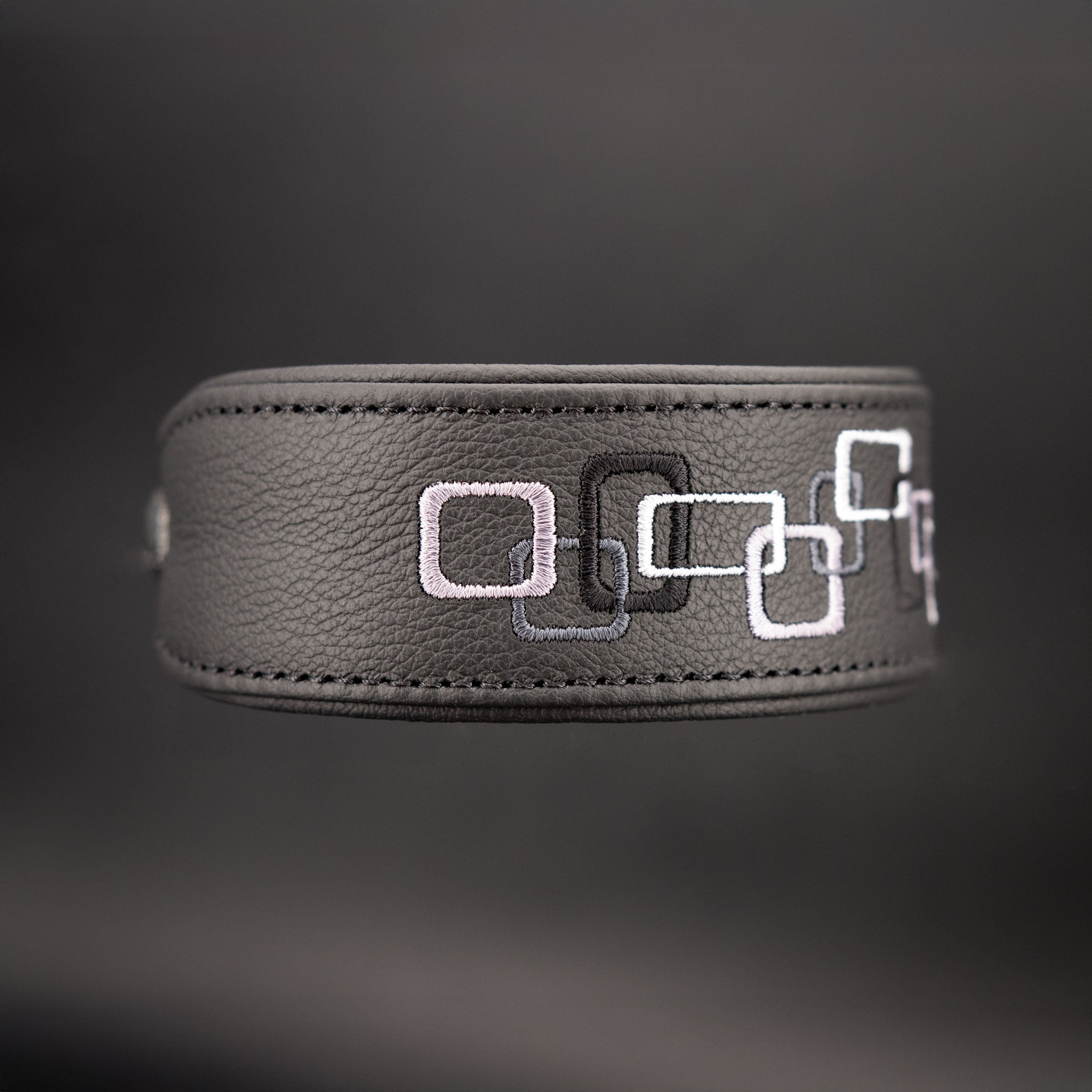 Detailansicht der Stickerei auf dem schwarzen Rindsnappa Hundehalsband