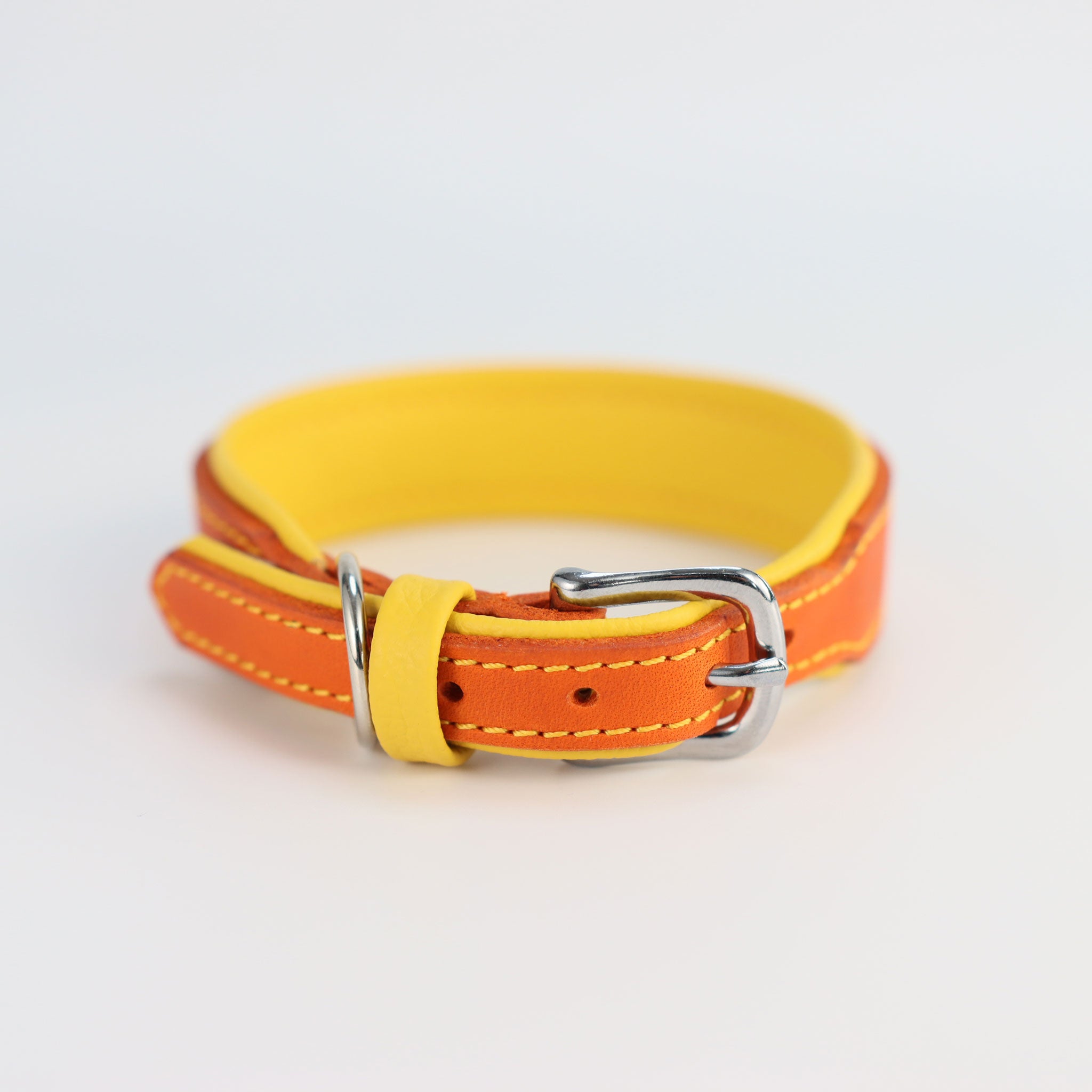 Handgefertigtes Hundehalsband aus orangefarbenem Fettleder mit gelber Nappa-Polsterung und silberner Schnalle und Beschlägen