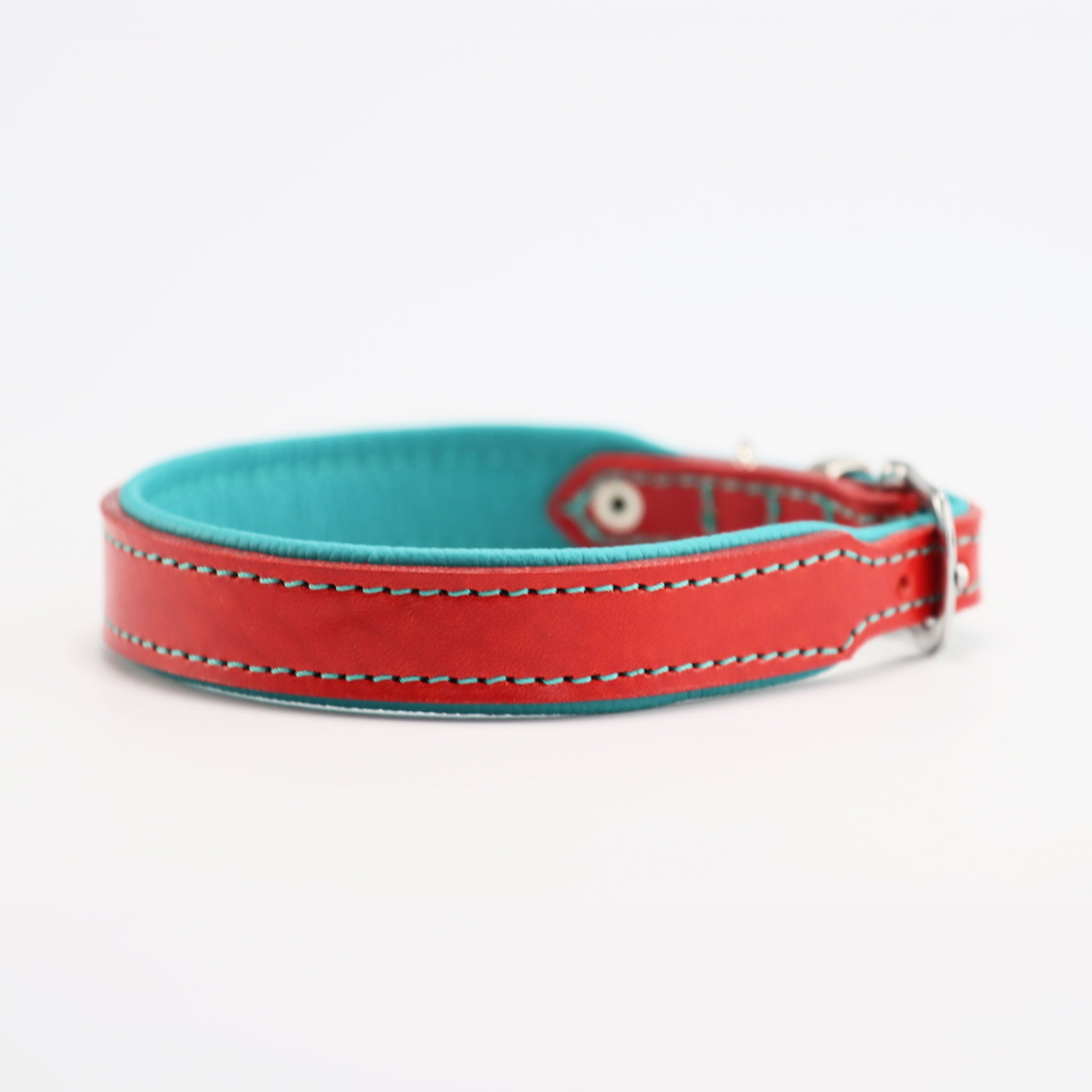 Robustes Riemenleder Halsband für Hunde in orange und türkis