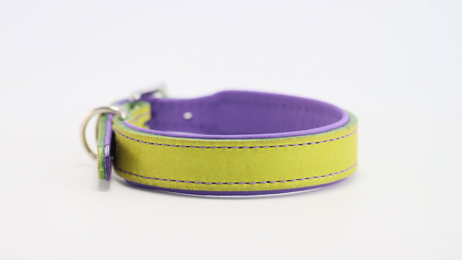 Seitenansicht des zweifarbigen Lederhalsbands in Rauch-Lime und Flieder