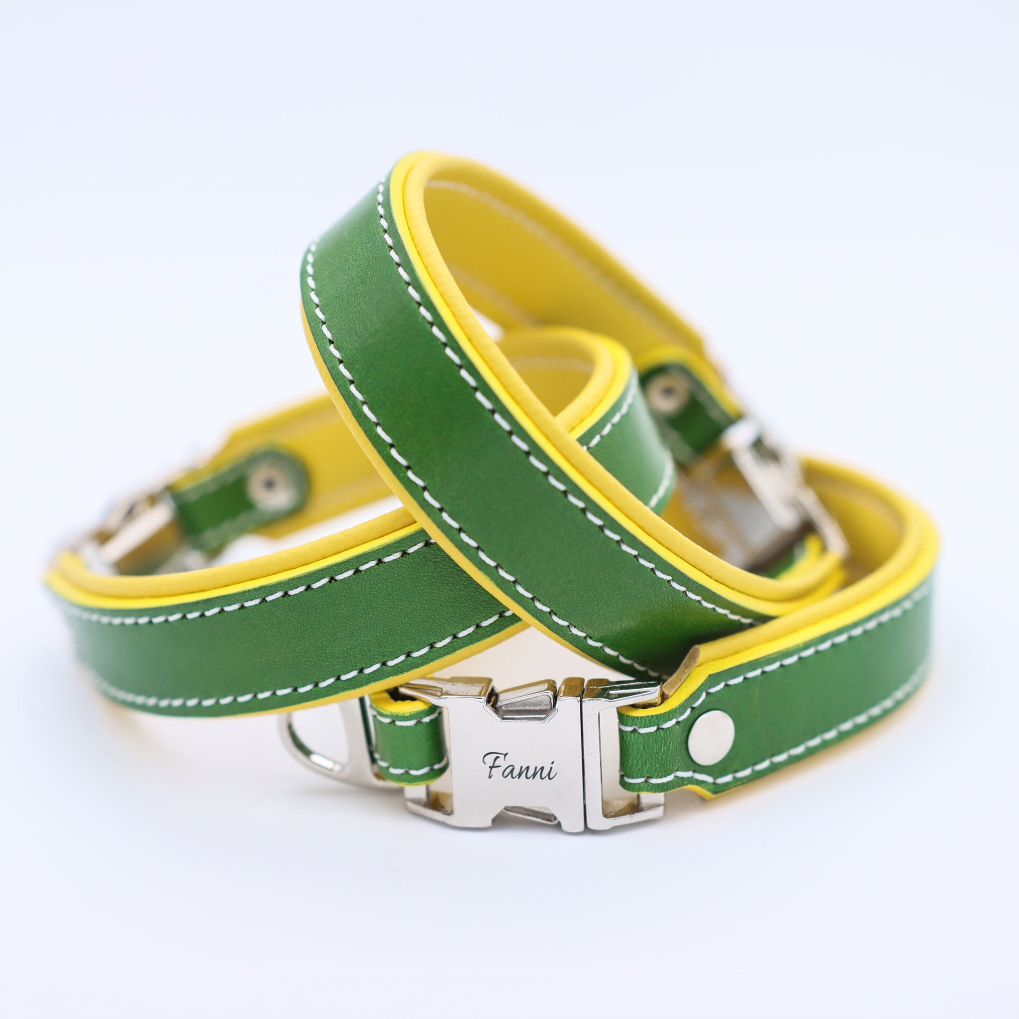 Gepolstertes Lederhalsband für Hunde in Grün und Gelb mit Namensgravur Fanni