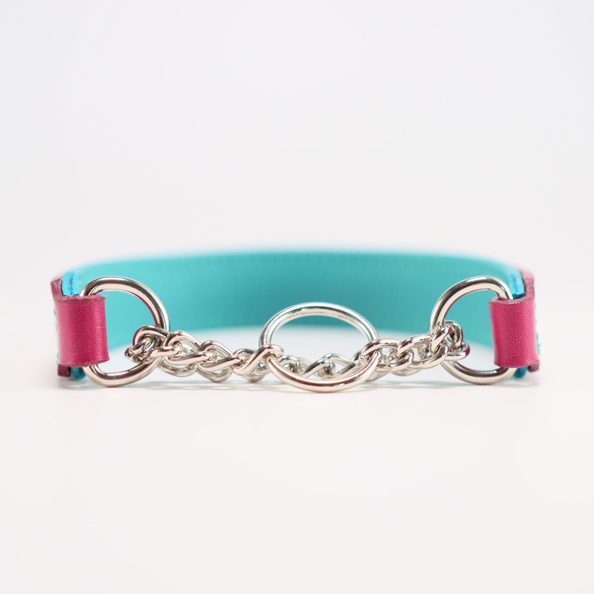 Detailansicht Kettenzug-Verschluss aus Edelstahl am Lederhalsband