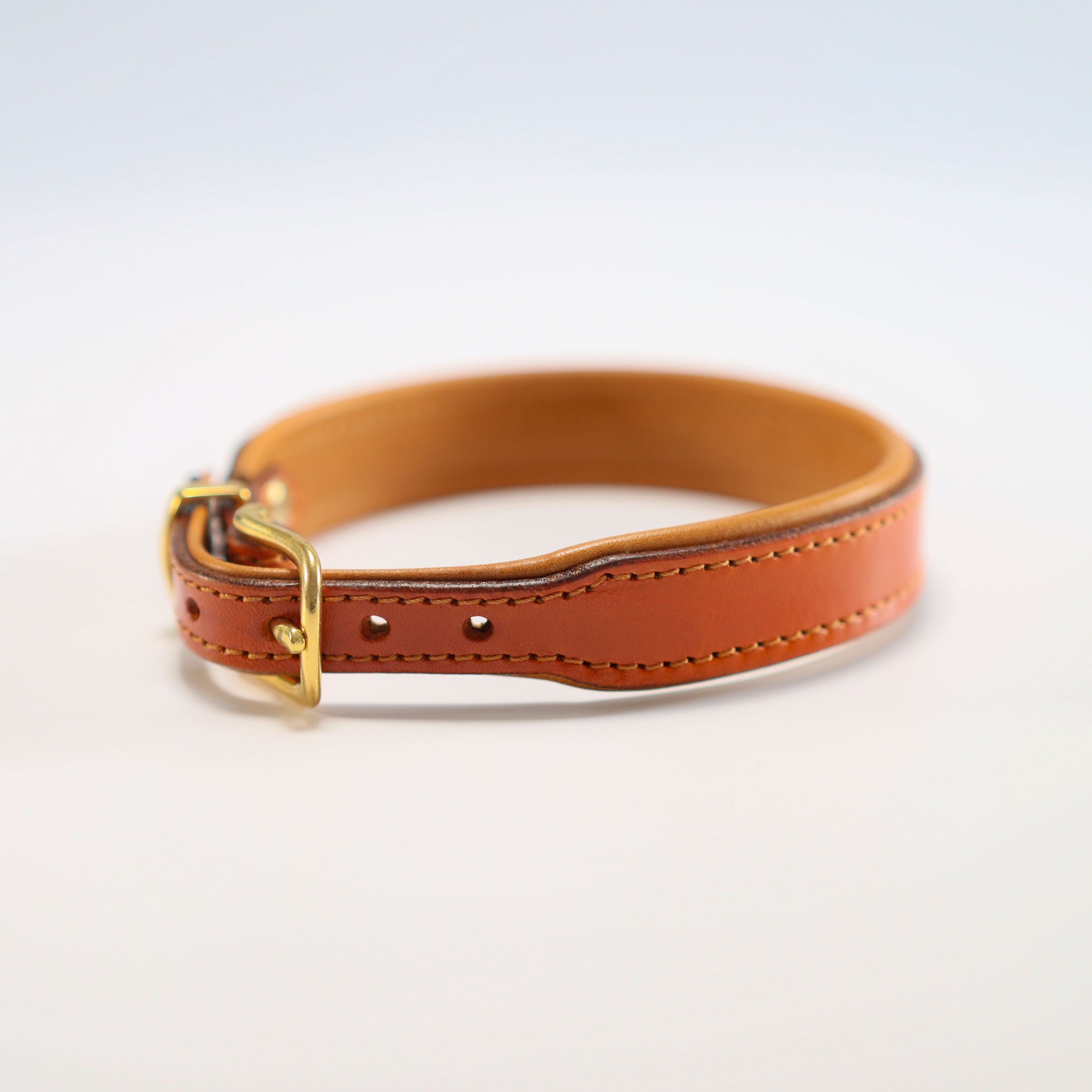 Detailaufnahme Messing-Dornschließe an cognacfarbenem Lederhalsband