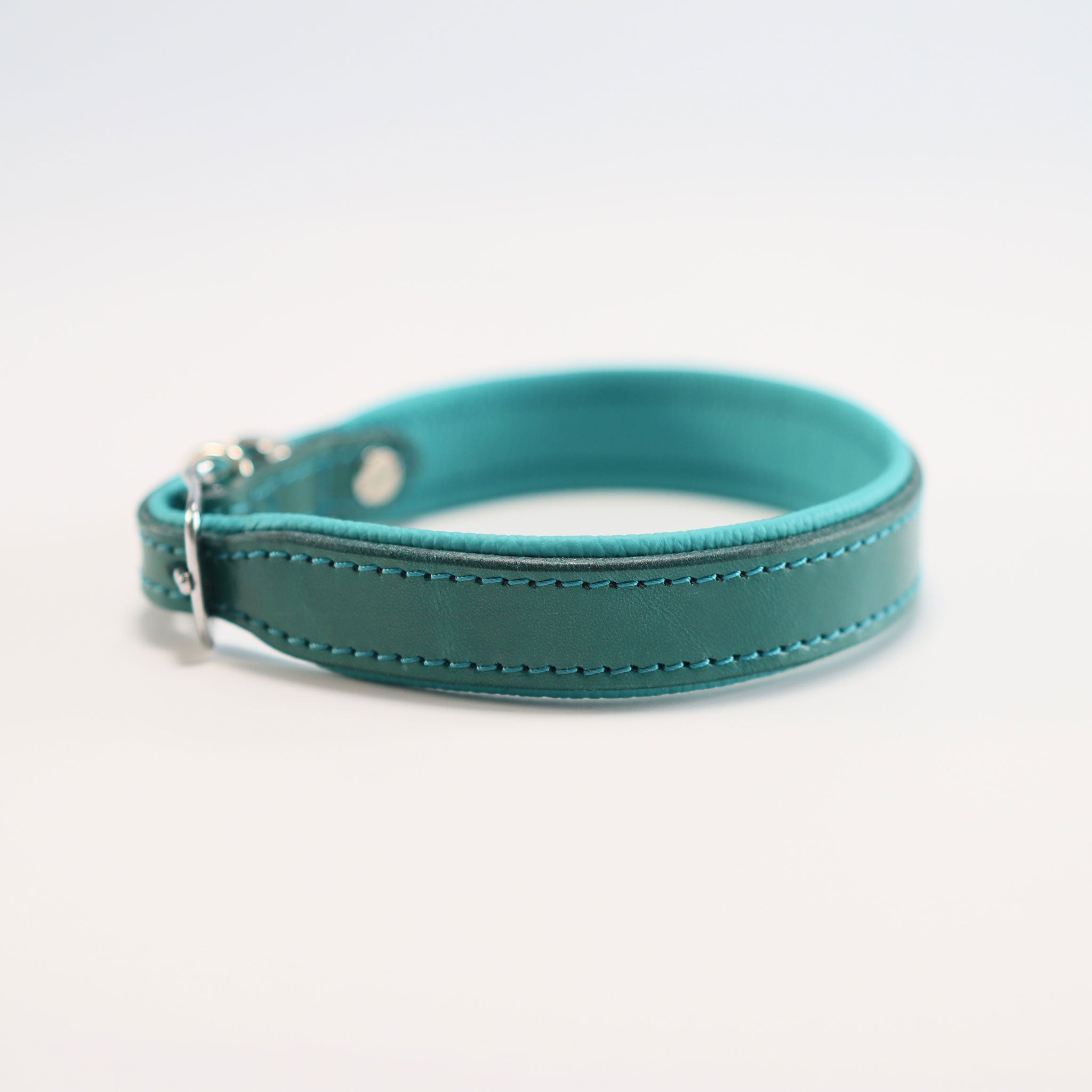 Seitenansicht des türkisen Riemenhalsbands mit türkiser Naht und edelstahl Dornschließe