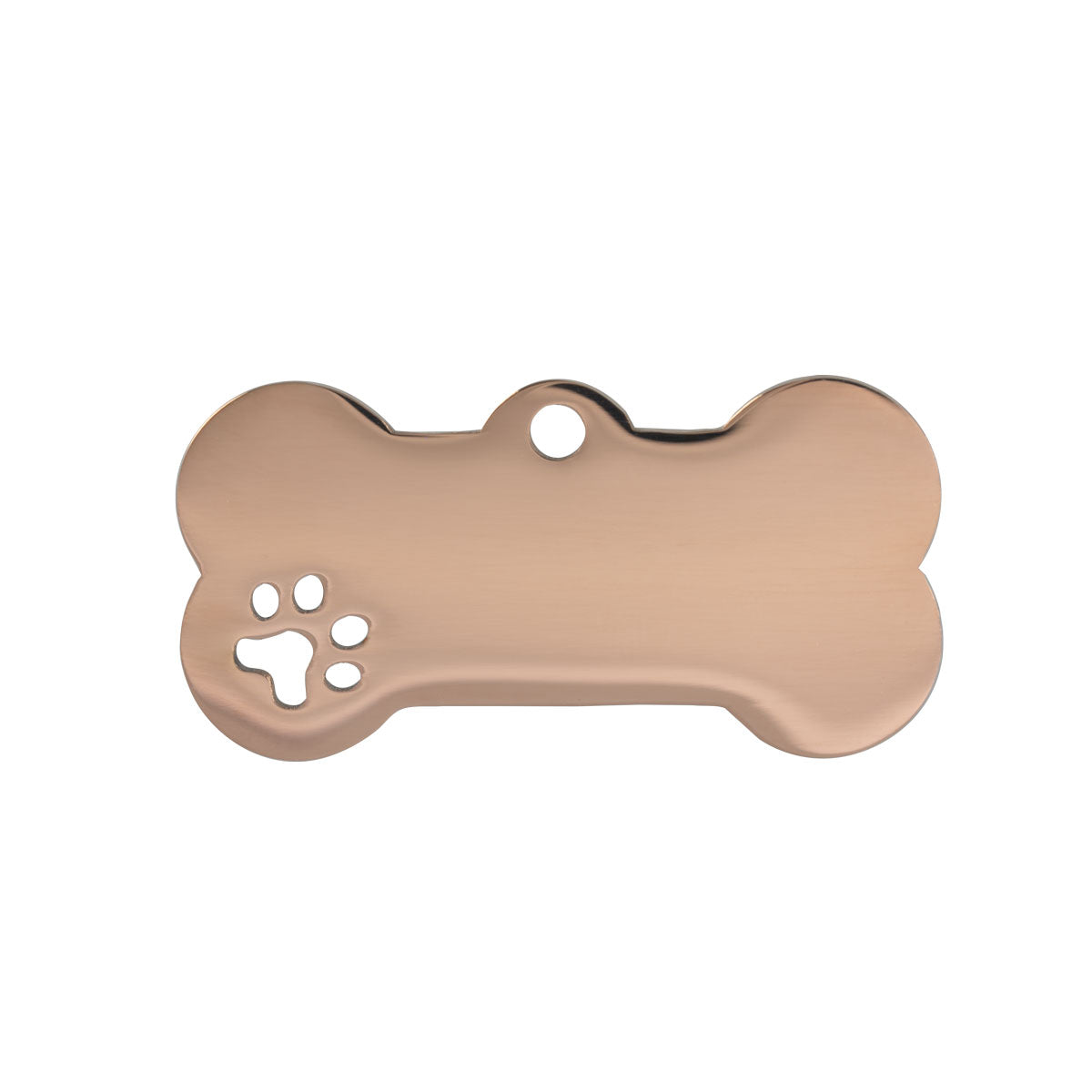 Roségoldfarbene Hundemarke aus Edelstahl in Knochenform, ohne Gravur, mit Pfötchen-Ausschnitt.