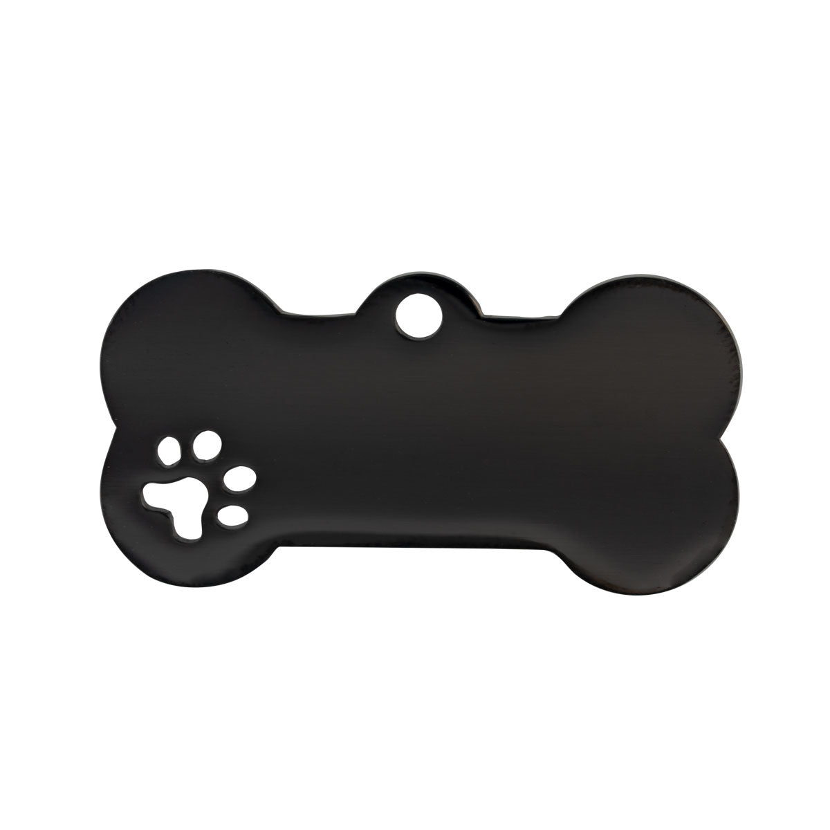 Unbeschriftete schwarze Edelstahl-Hundemarke in Knochenform mit ausgestanzter Pfote.