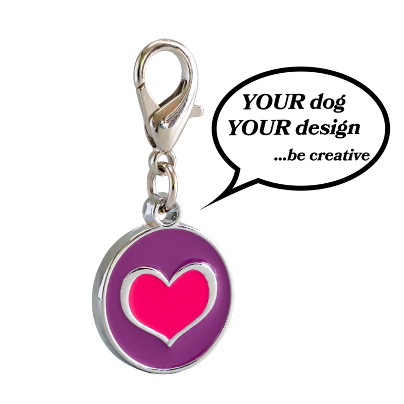 Emaillierte Hundemarke Herz in Lila und Pink aus Edelstahl
