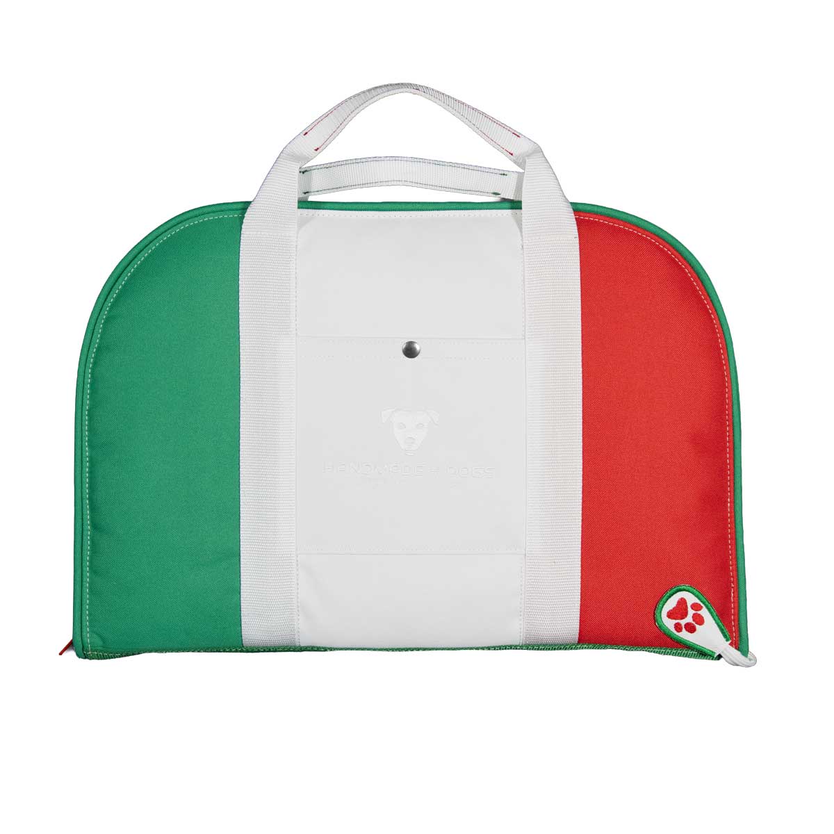 Geschlossenes Hundereisebett Dog Bed to Go Bella Italia in Grün, Weiß und Rot mit weißen Trageriemen